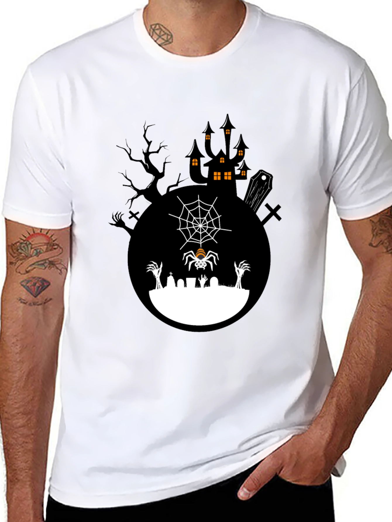 Spooky Halloween T-Shirt - Graveyard Spider Design