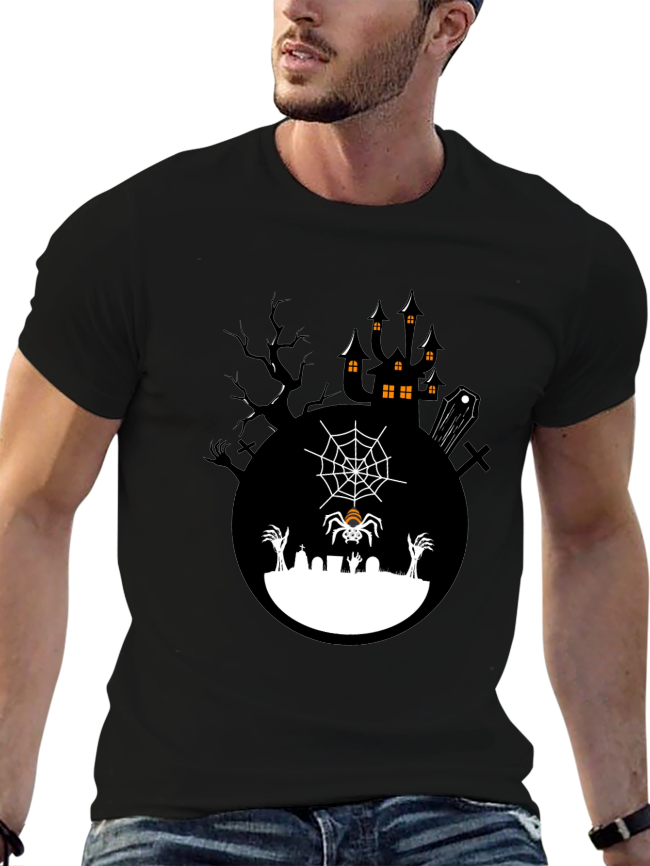 Spooky Halloween T-Shirt - Graveyard Spider Design