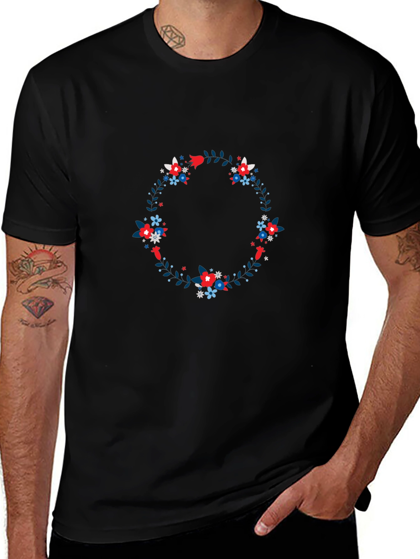 Floral Wreath Graphic Tee - Black Cotton T-Shirt