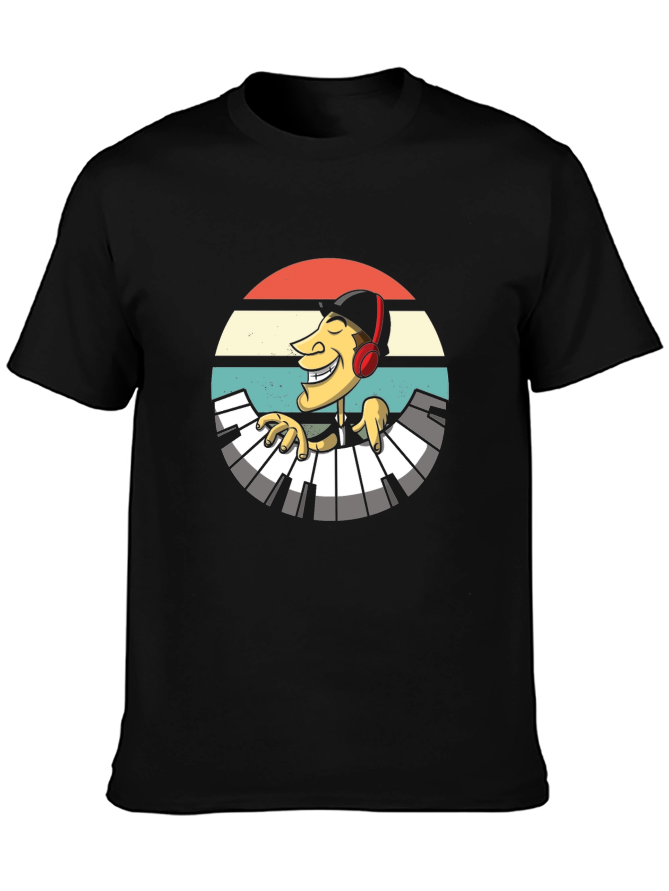 Retro Pianist Graphic Tee - Black Casual T-Shirt