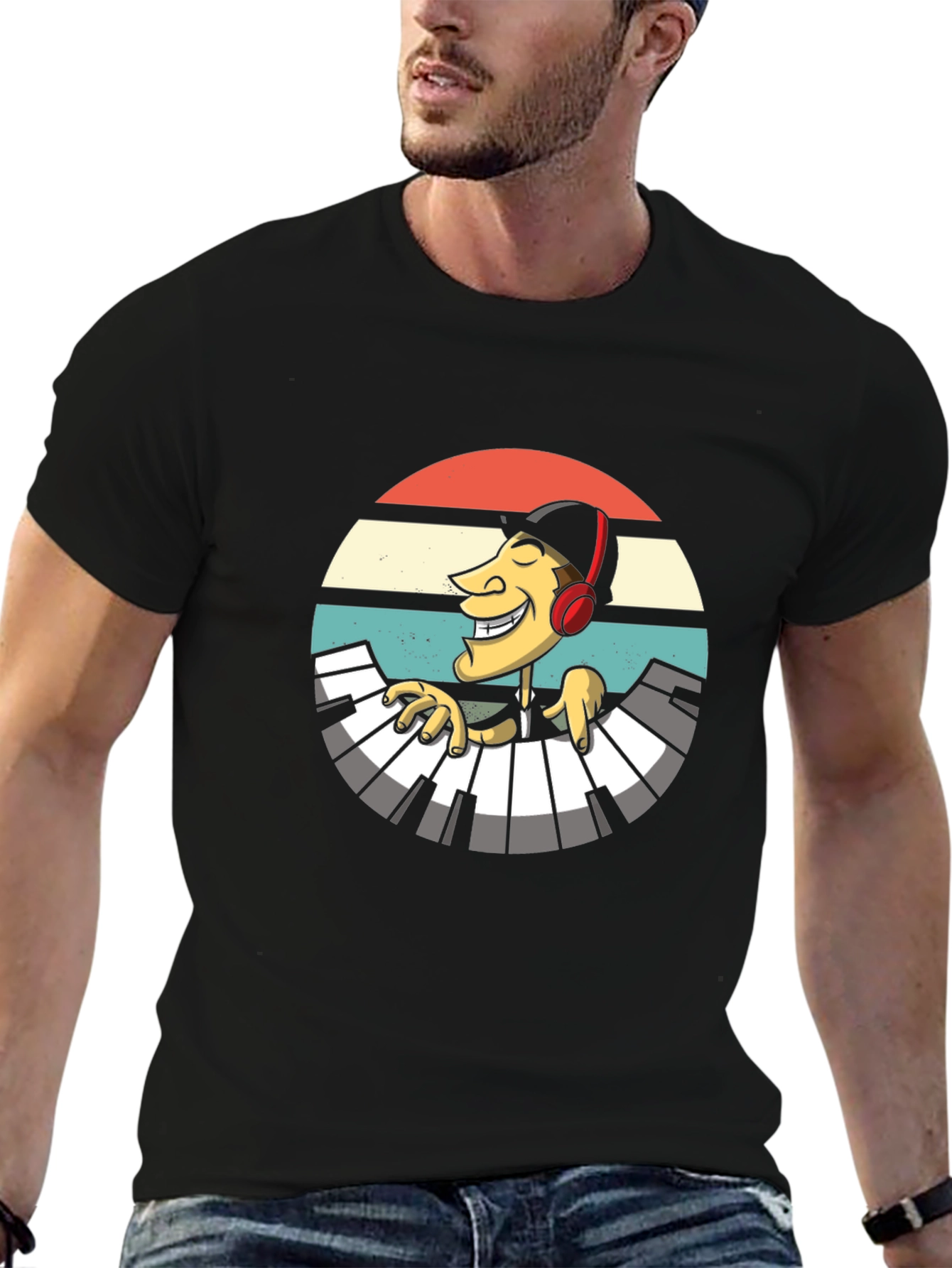 Retro Pianist Graphic Tee - Black Casual T-Shirt