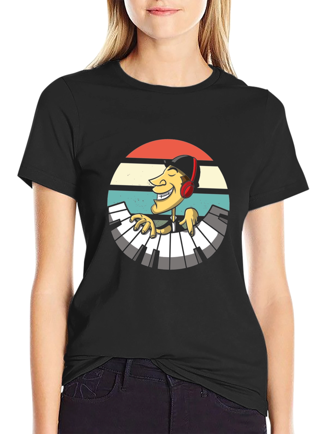 Retro Pianist Graphic Tee - Black Casual T-Shirt
