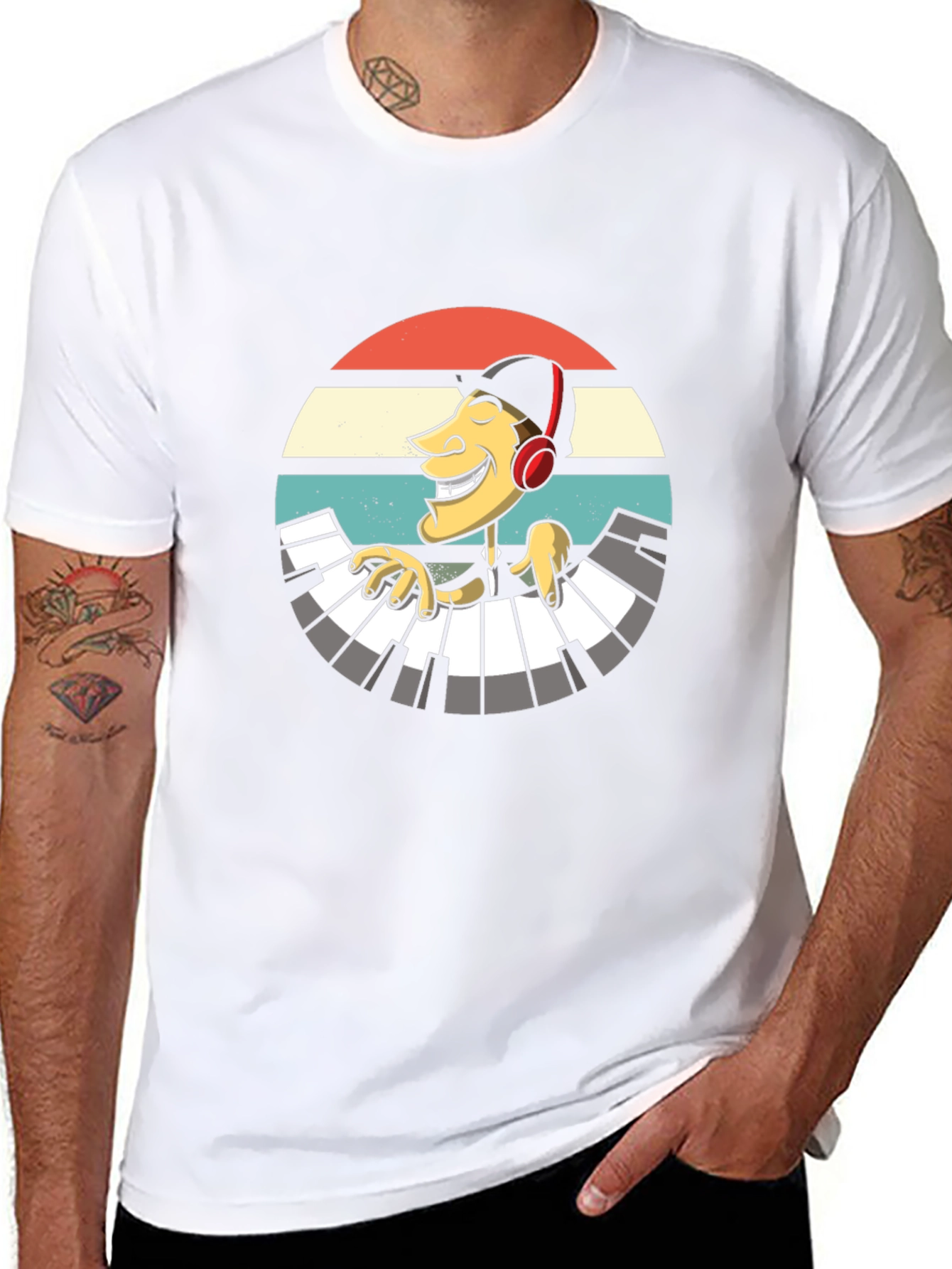 Retro Pianist Graphic Tee - Black Casual T-Shirt