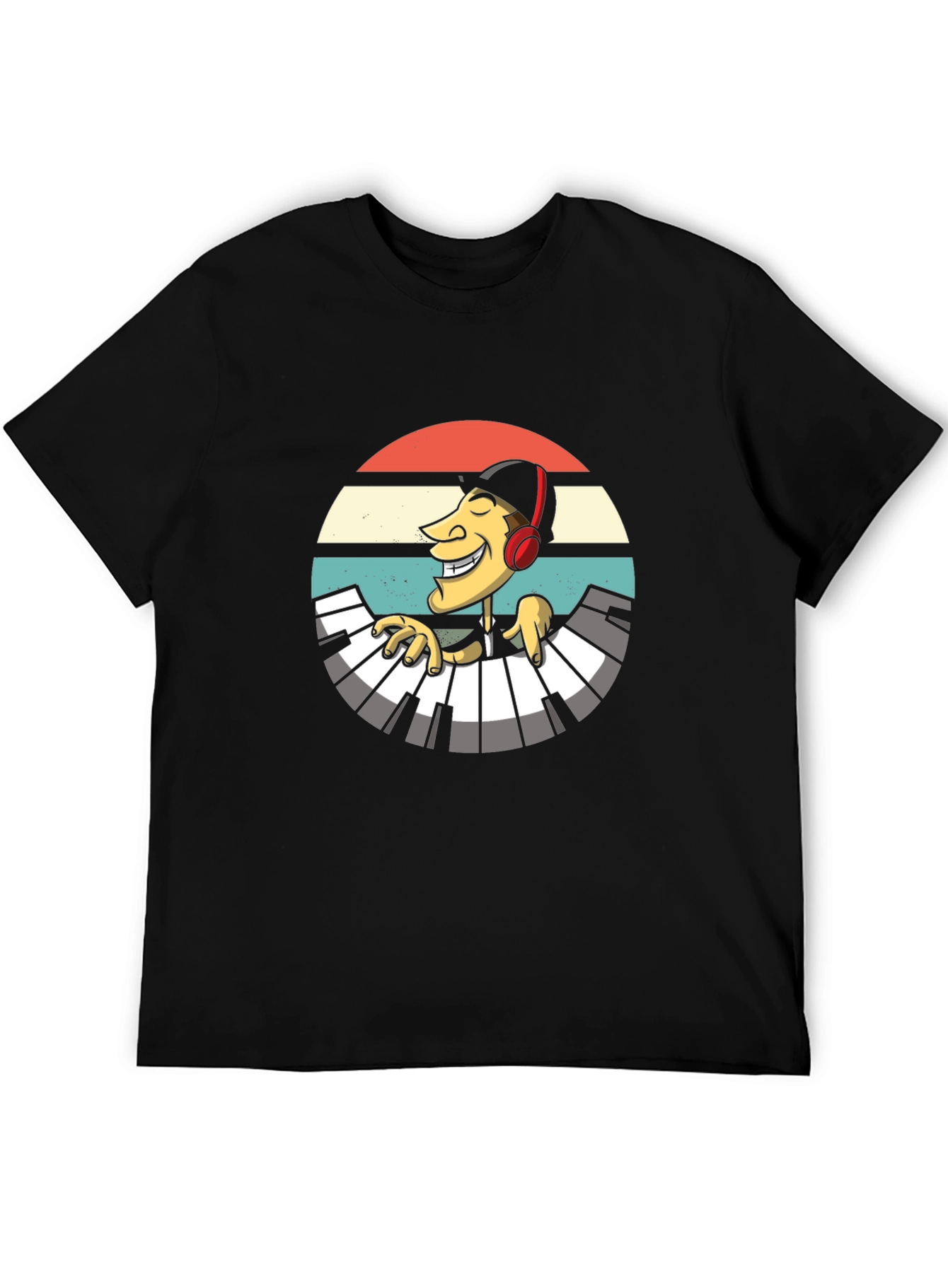 Retro Pianist Graphic Tee - Black Casual T-Shirt