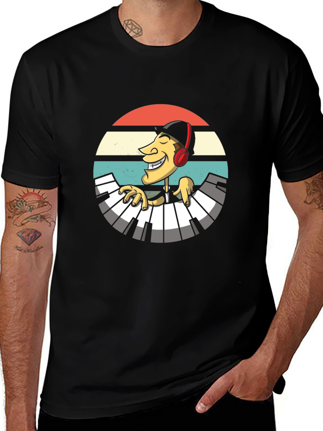 Retro Pianist Graphic Tee - Black Casual T-Shirt