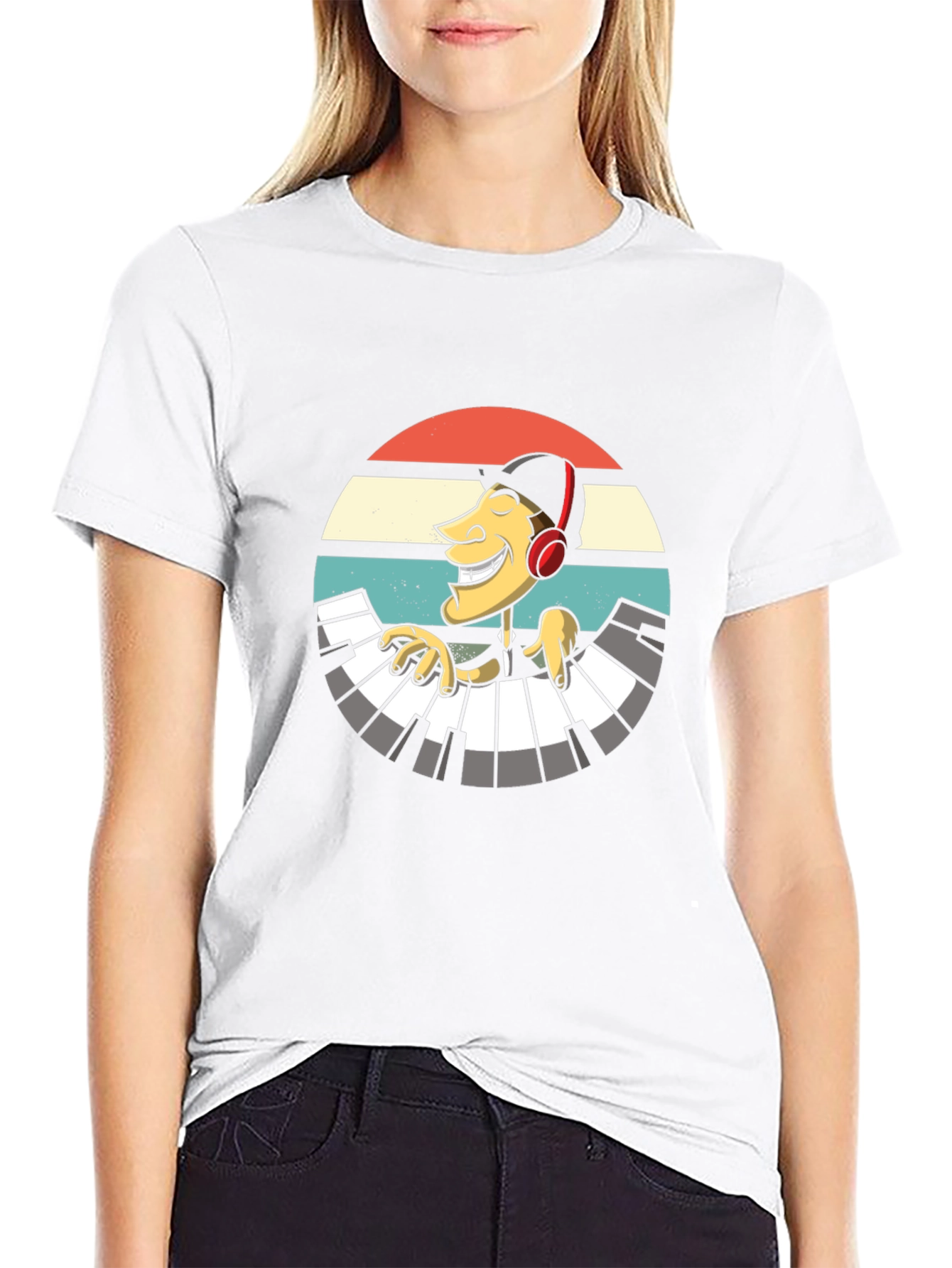 Retro Pianist Graphic Tee - Black Casual T-Shirt