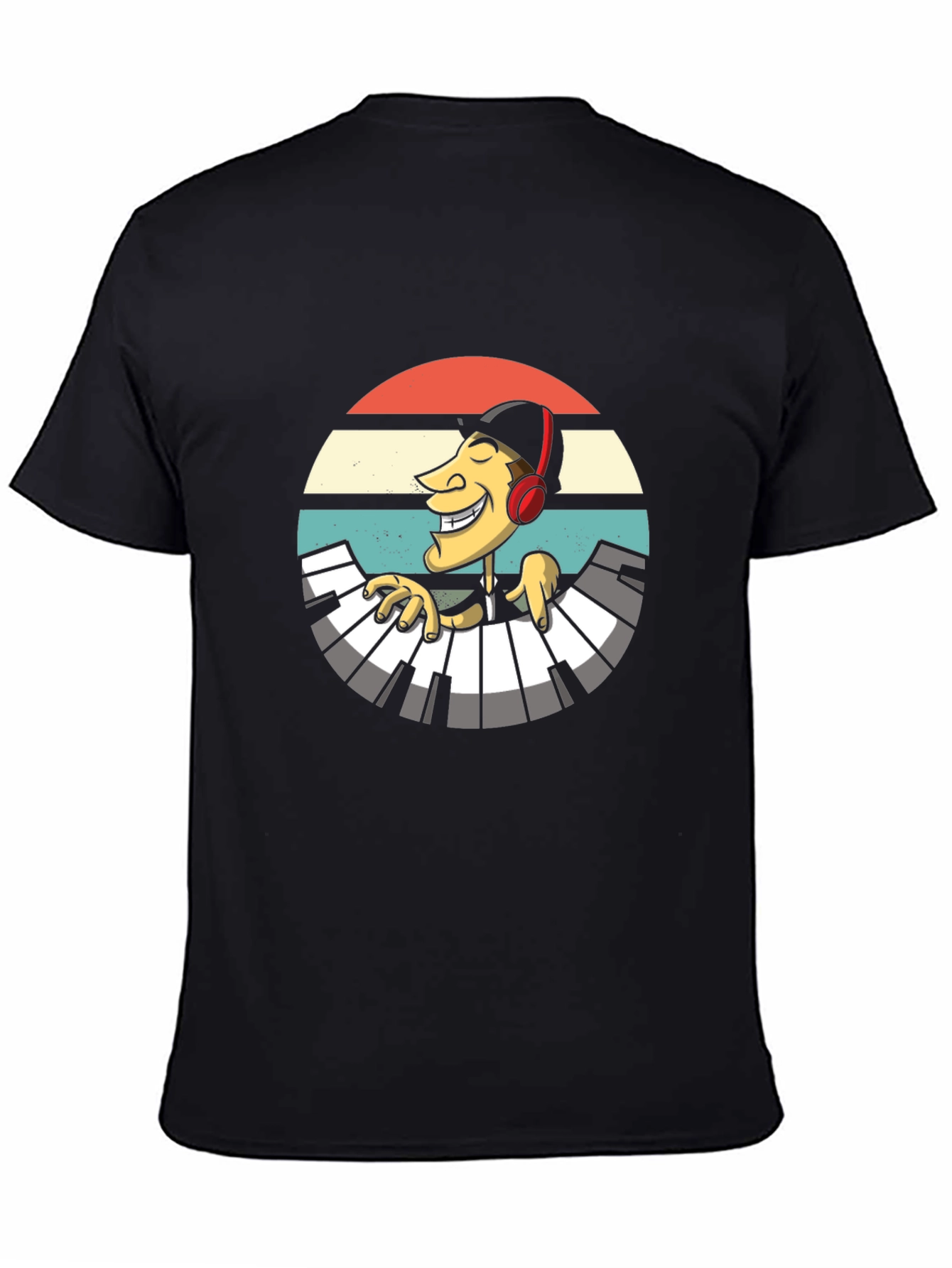 Retro Pianist Graphic Tee - Black Casual T-Shirt