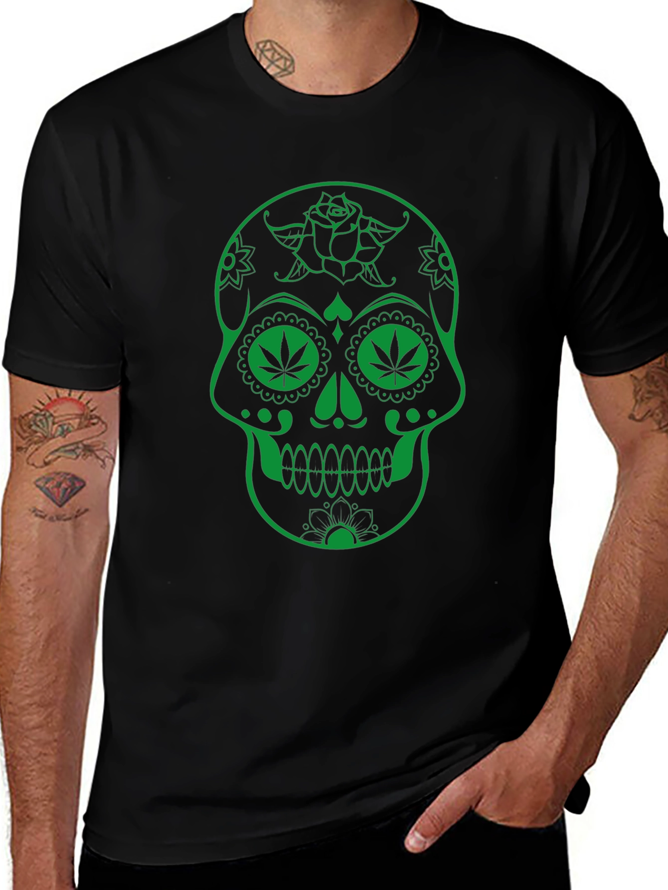 Sugar Skull Marijuana Leaf Graphic T-Shirt - Black