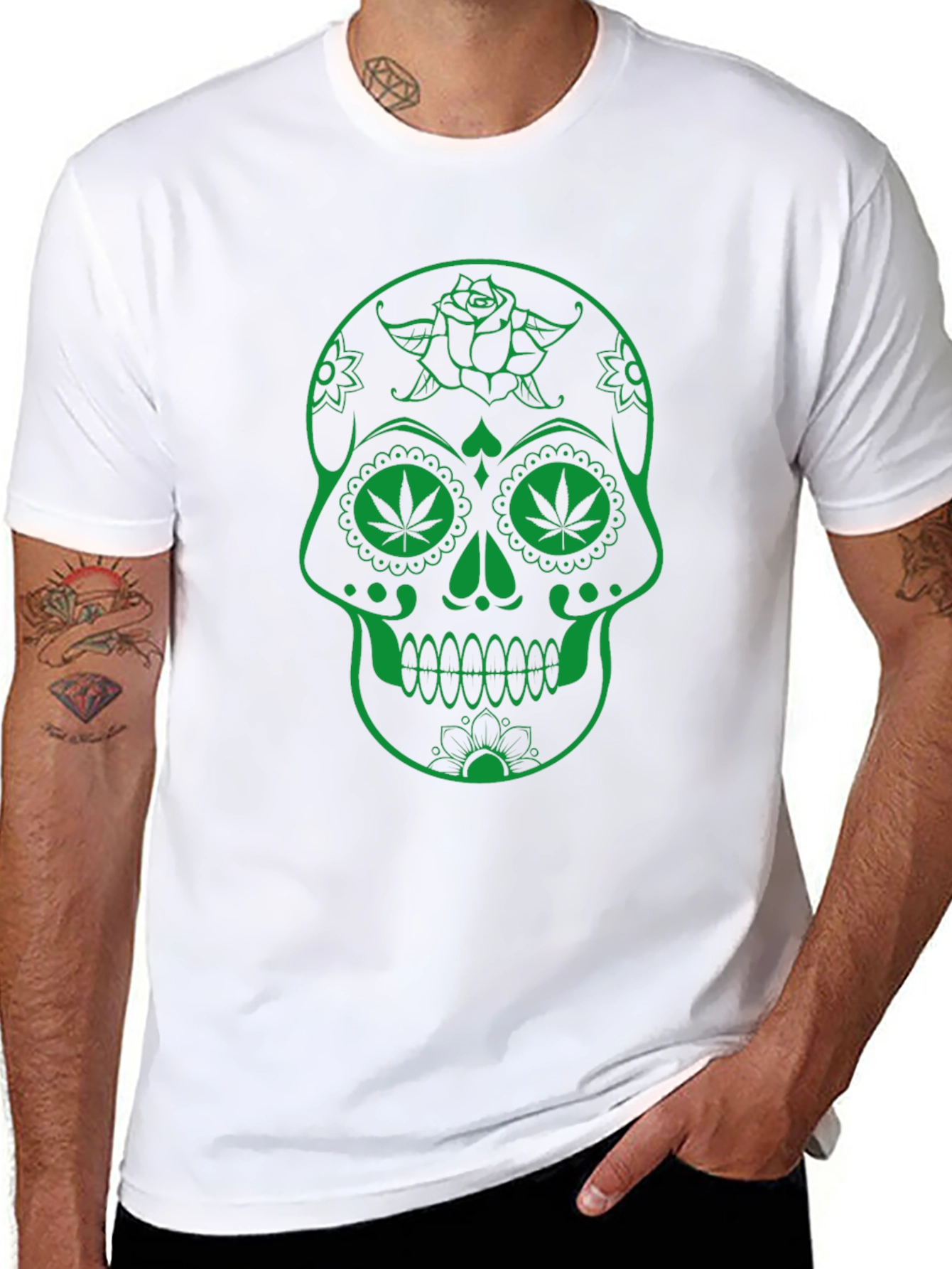Sugar Skull Marijuana Leaf Graphic T-Shirt - Black