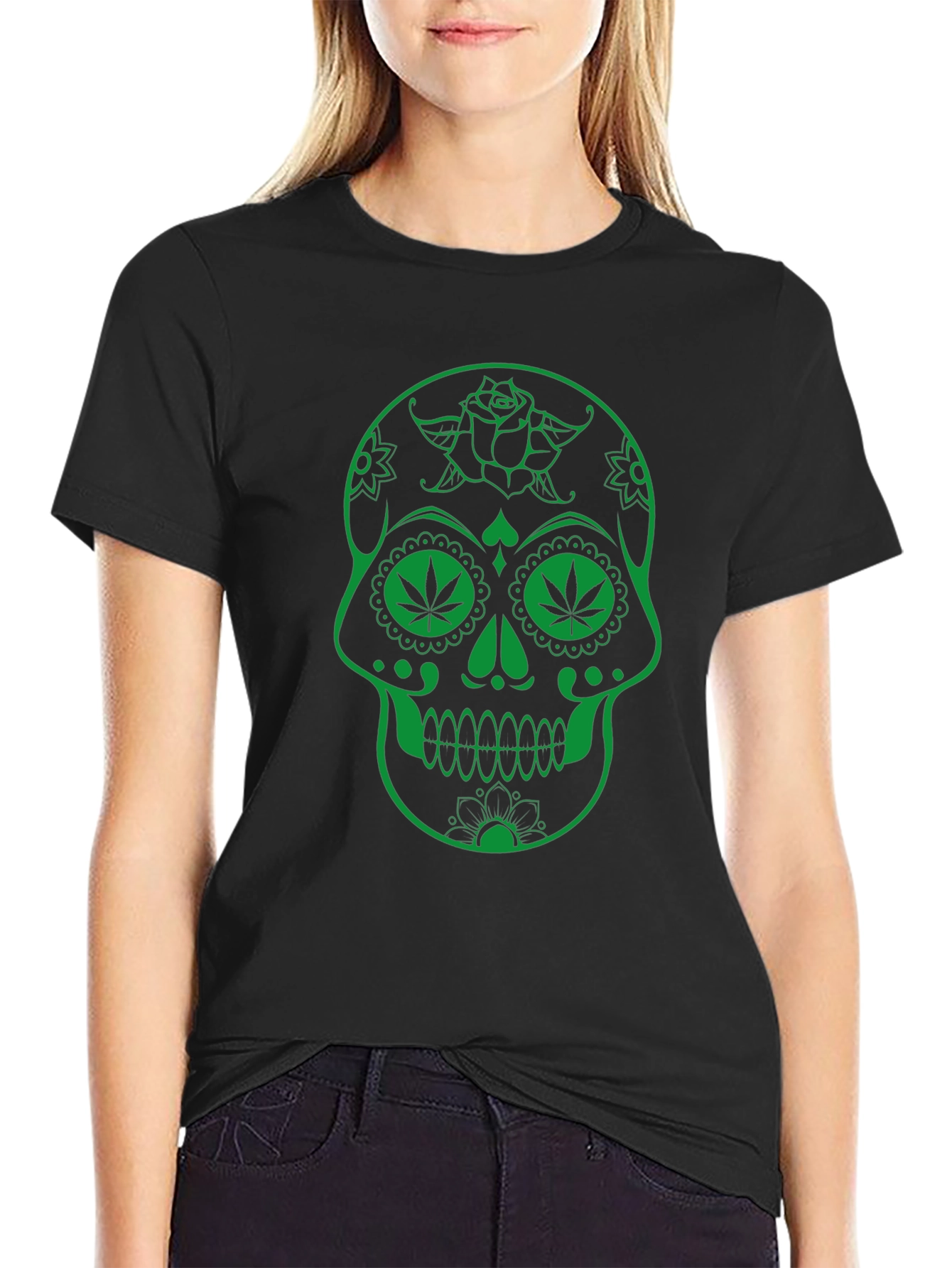 Sugar Skull Marijuana Leaf Graphic T-Shirt - Black