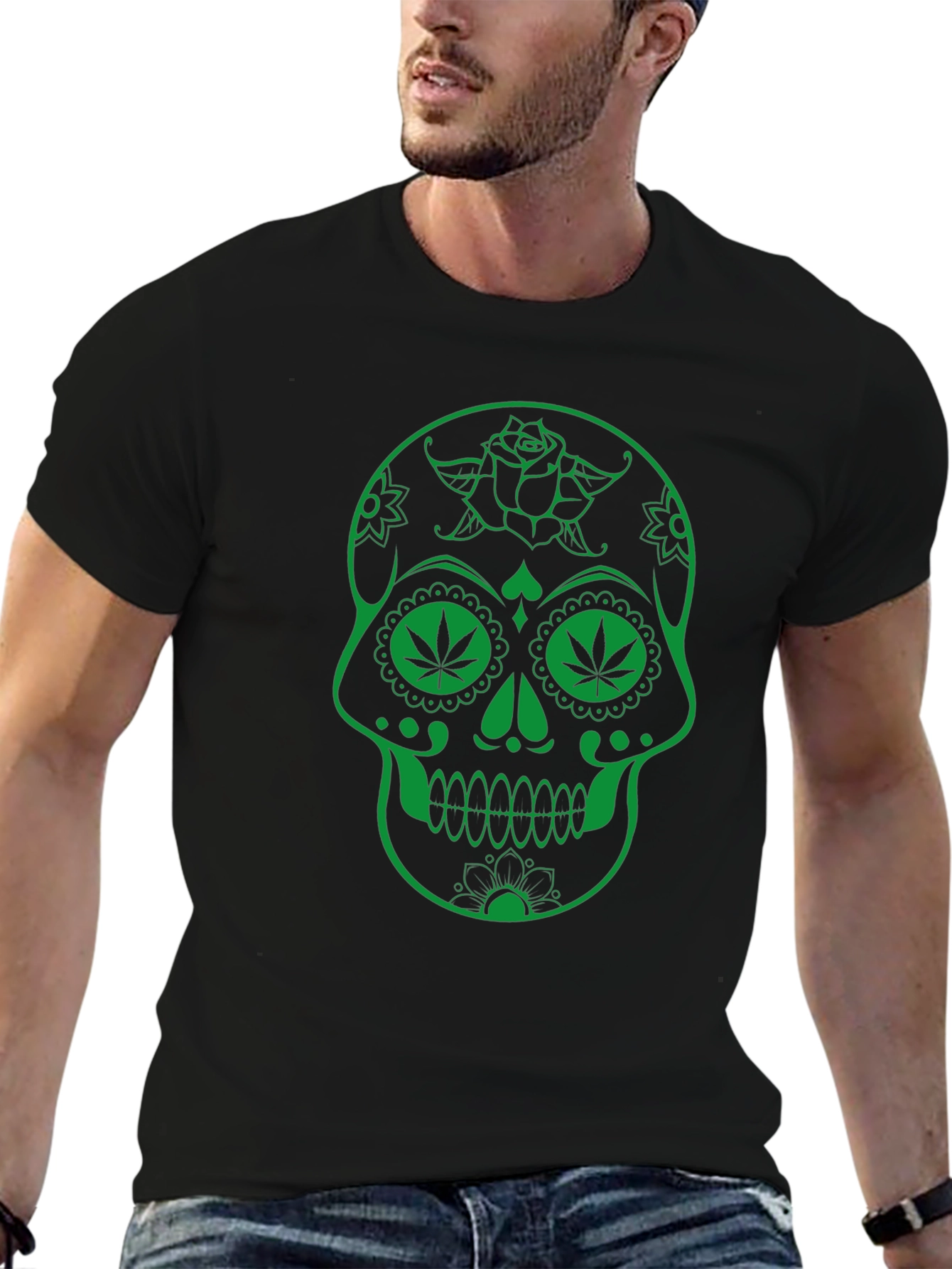 Sugar Skull Marijuana Leaf Graphic T-Shirt - Black