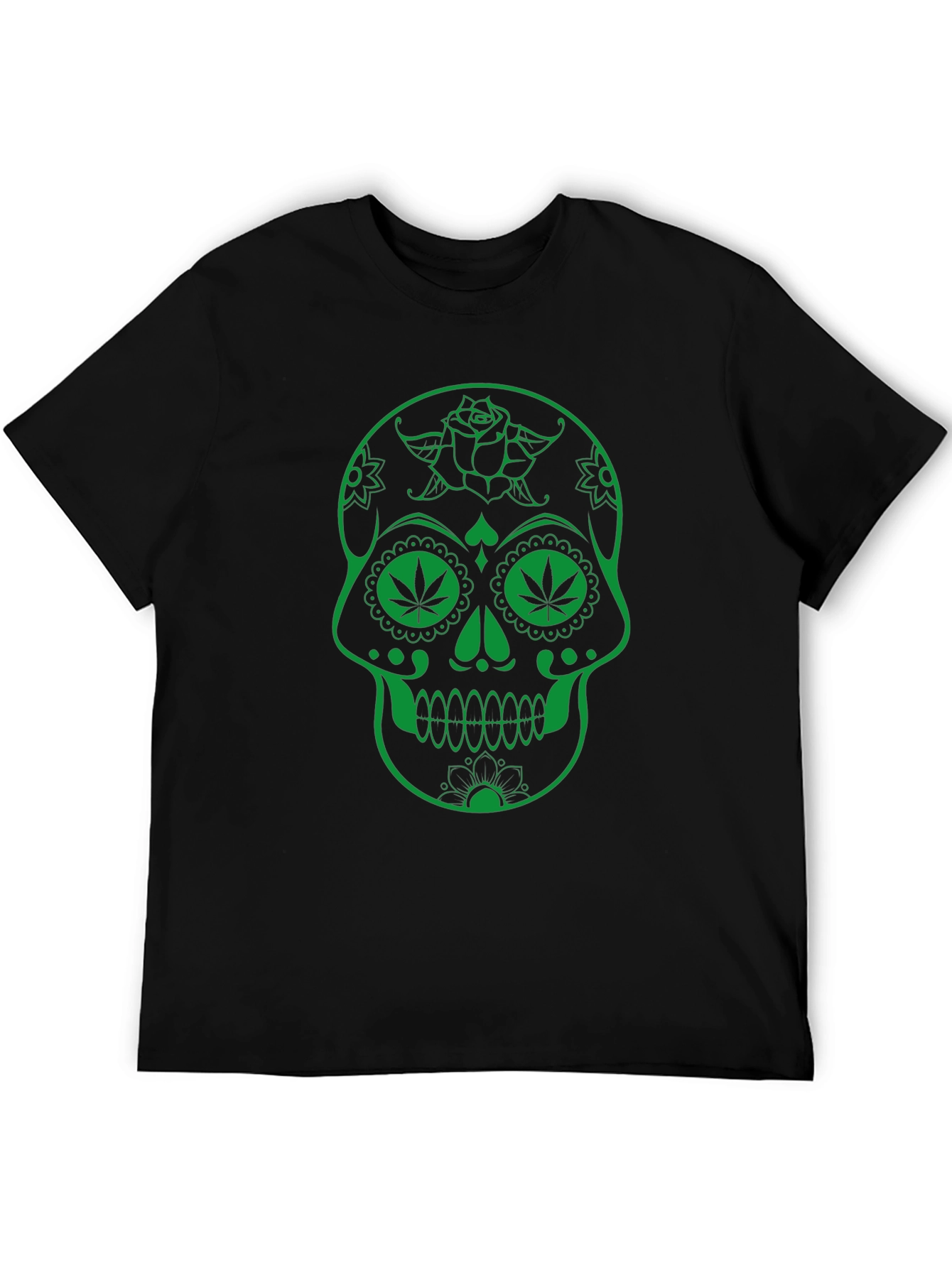 Sugar Skull Marijuana Leaf Graphic T-Shirt - Black