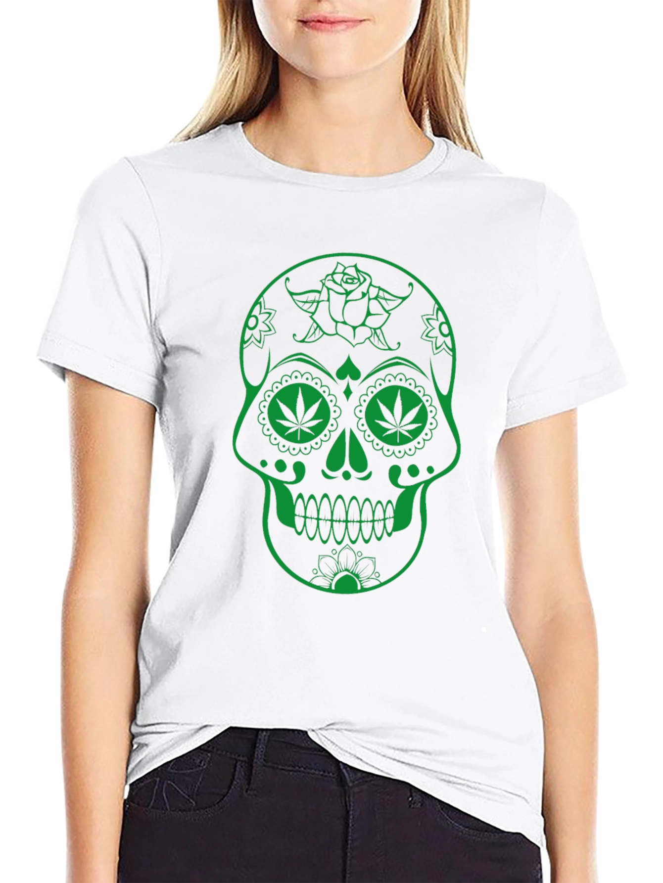 Sugar Skull Marijuana Leaf Graphic T-Shirt - Black