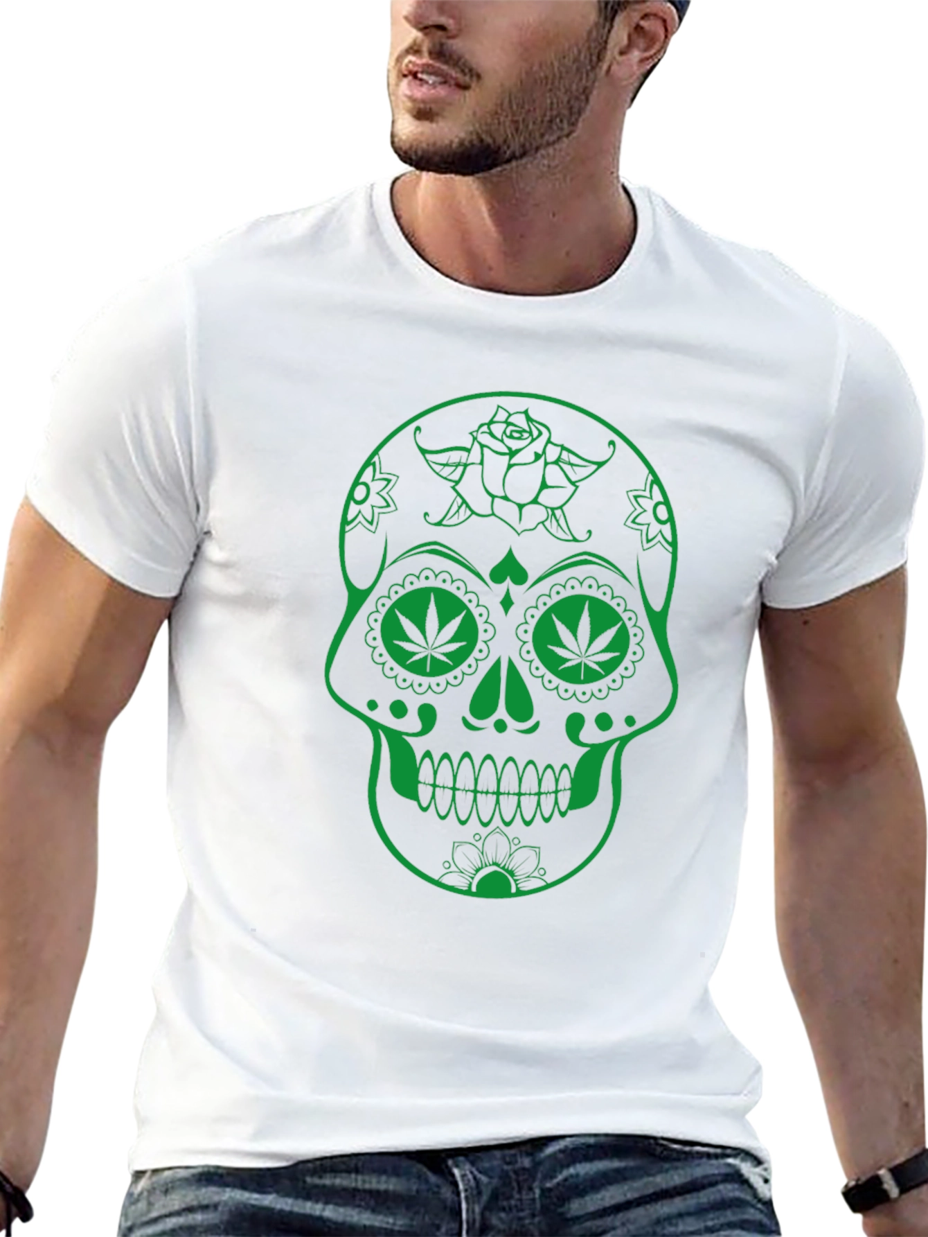 Sugar Skull Marijuana Leaf Graphic T-Shirt - Black