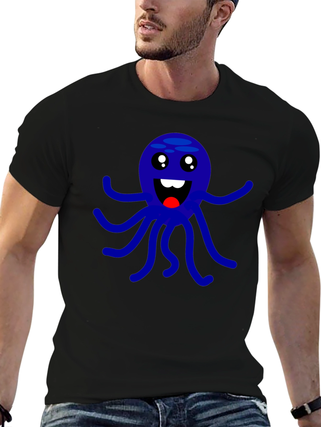 Cute Octopus Graphic Print Black T-Shirt