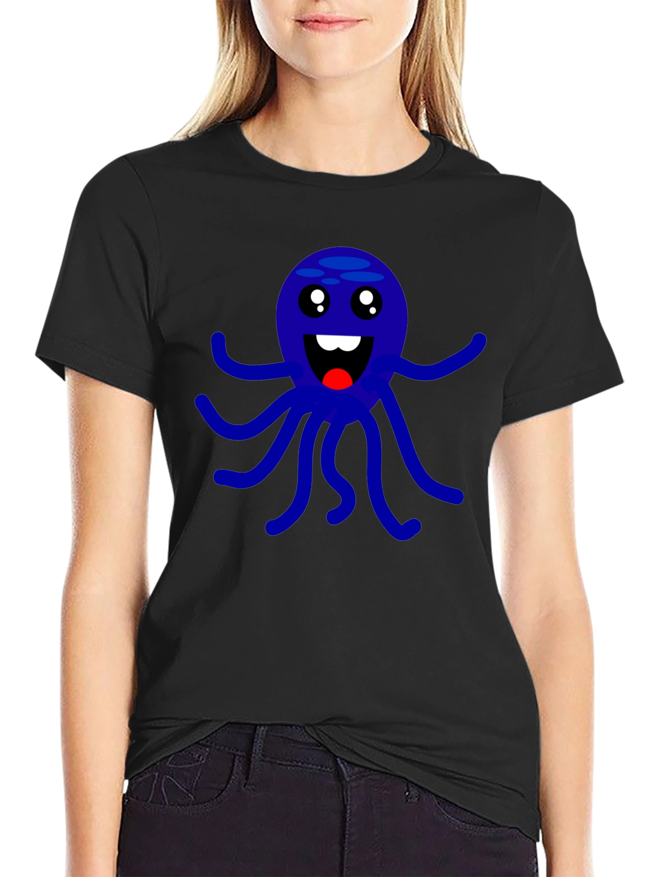 Cute Octopus Graphic Print Black T-Shirt
