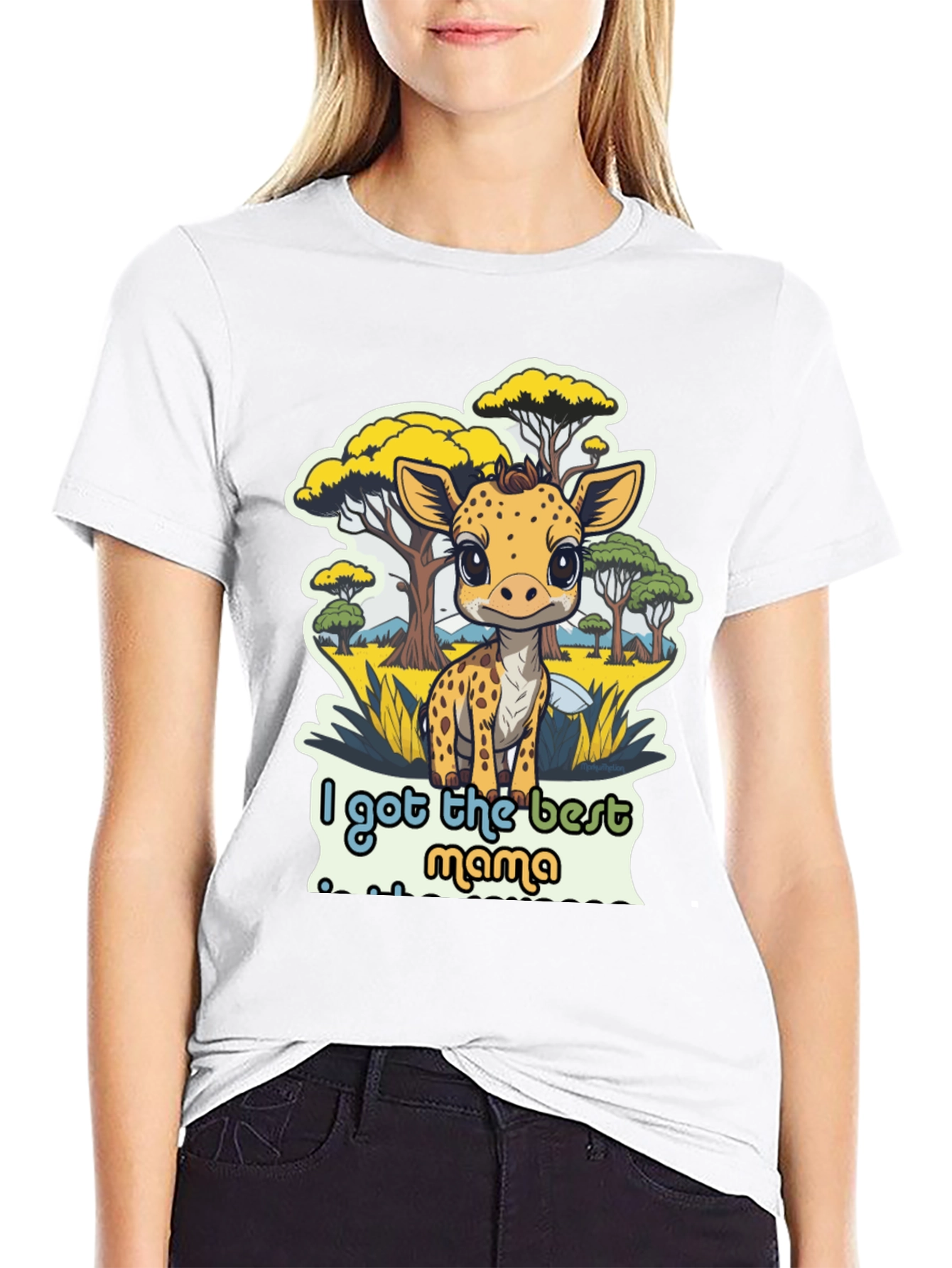 Cute Giraffe Best Mama Black T-Shirt
