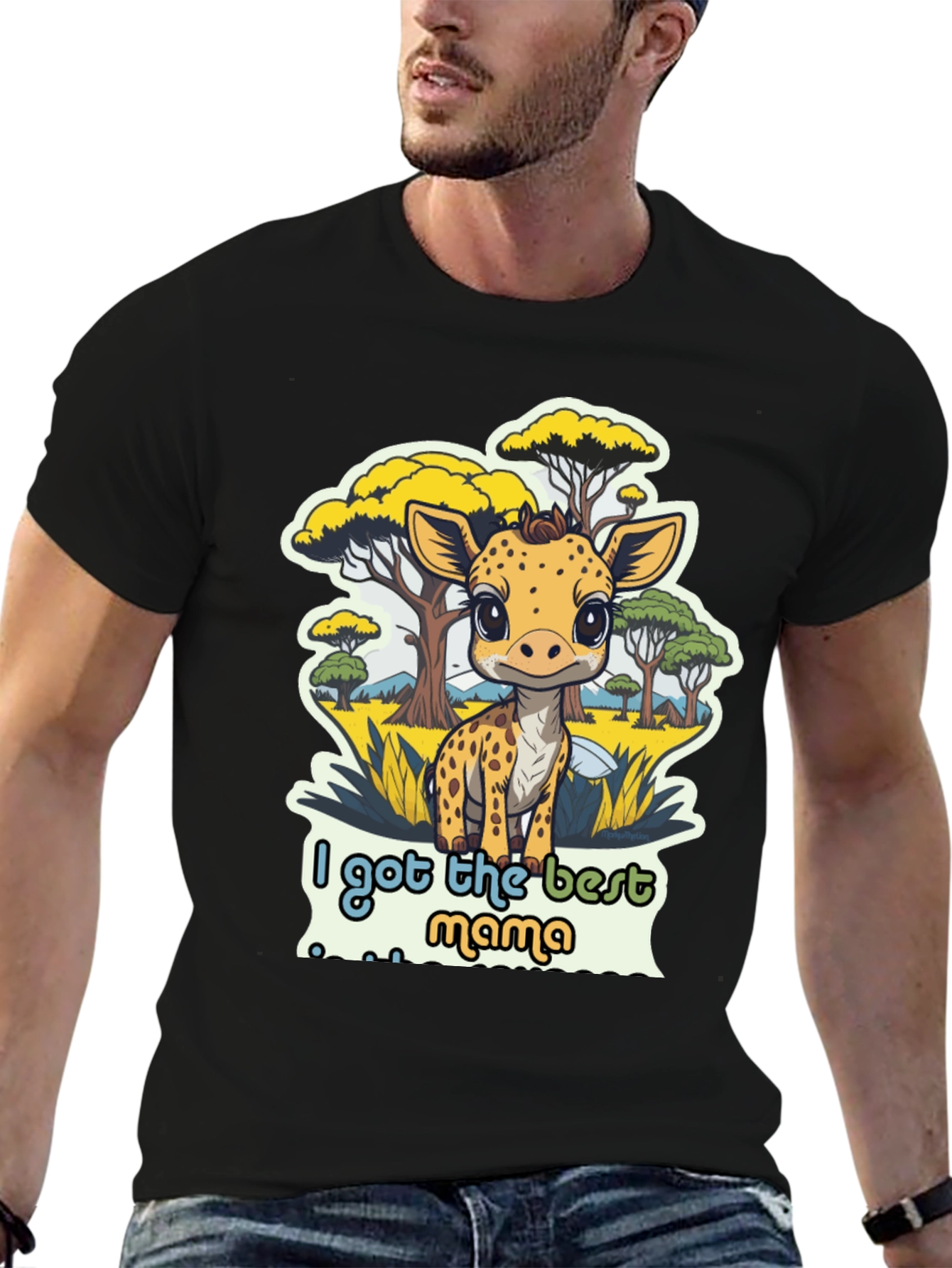 Cute Giraffe Best Mama Black T-Shirt