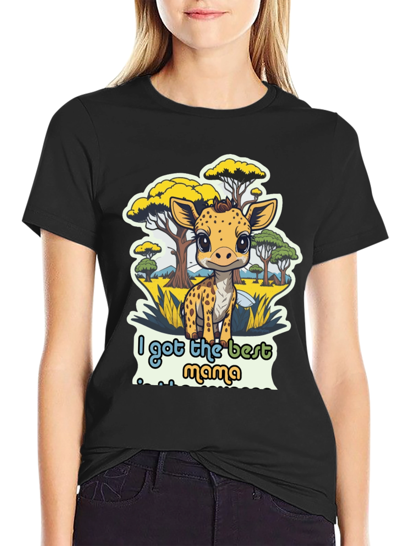 Cute Giraffe Best Mama Black T-Shirt