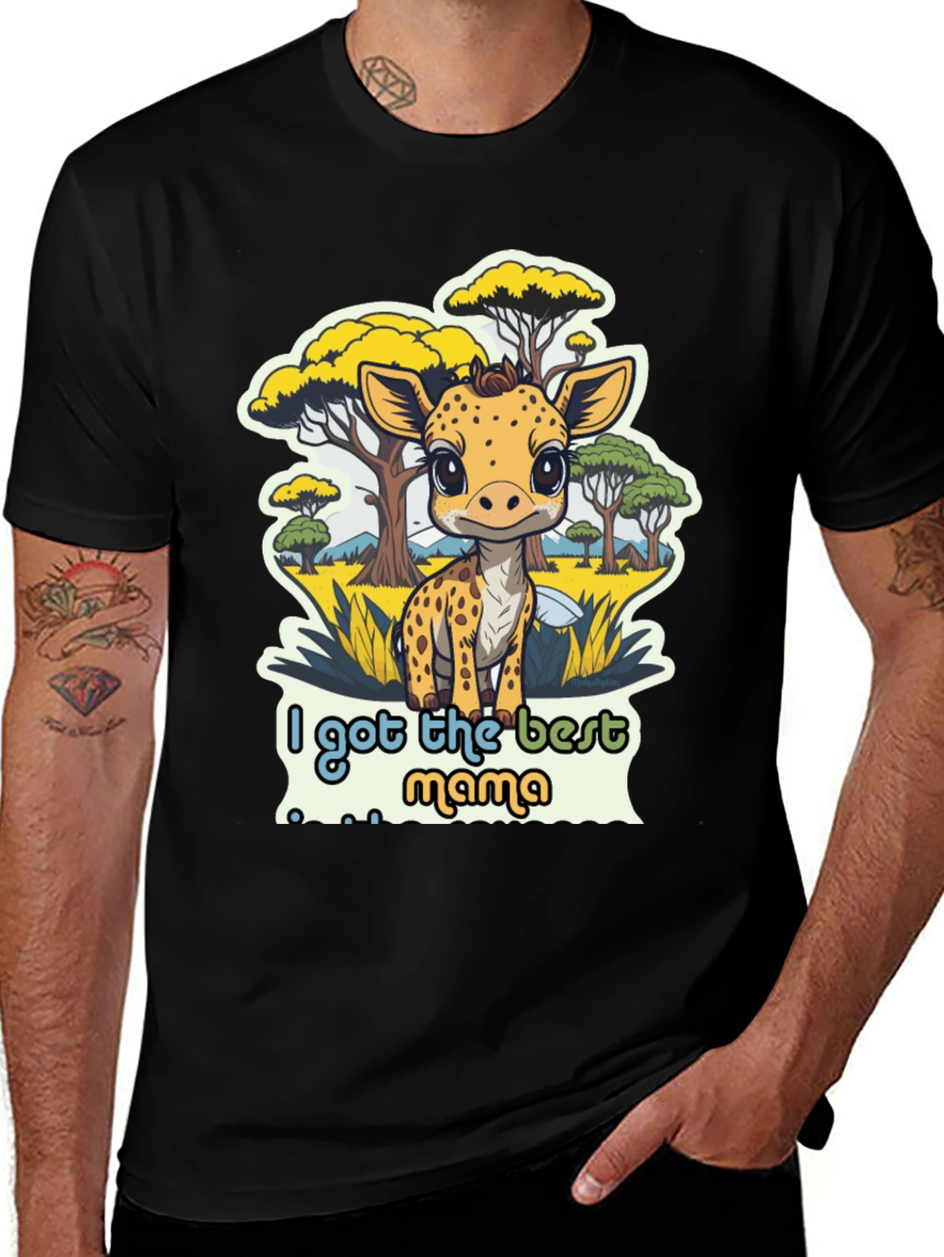 Cute Giraffe Best Mama Black T-Shirt