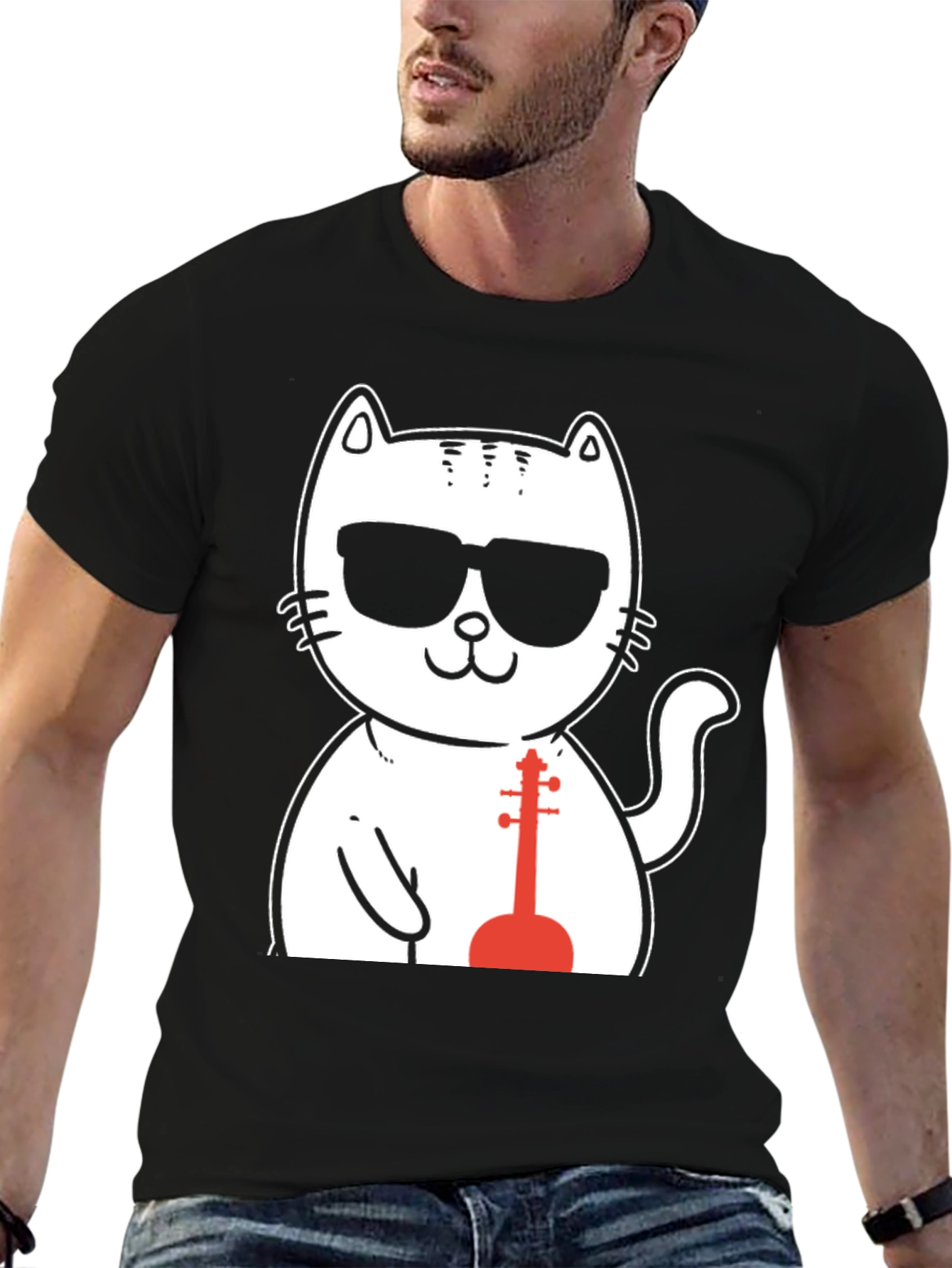 Cool Cat Musician T-Shirt - Black