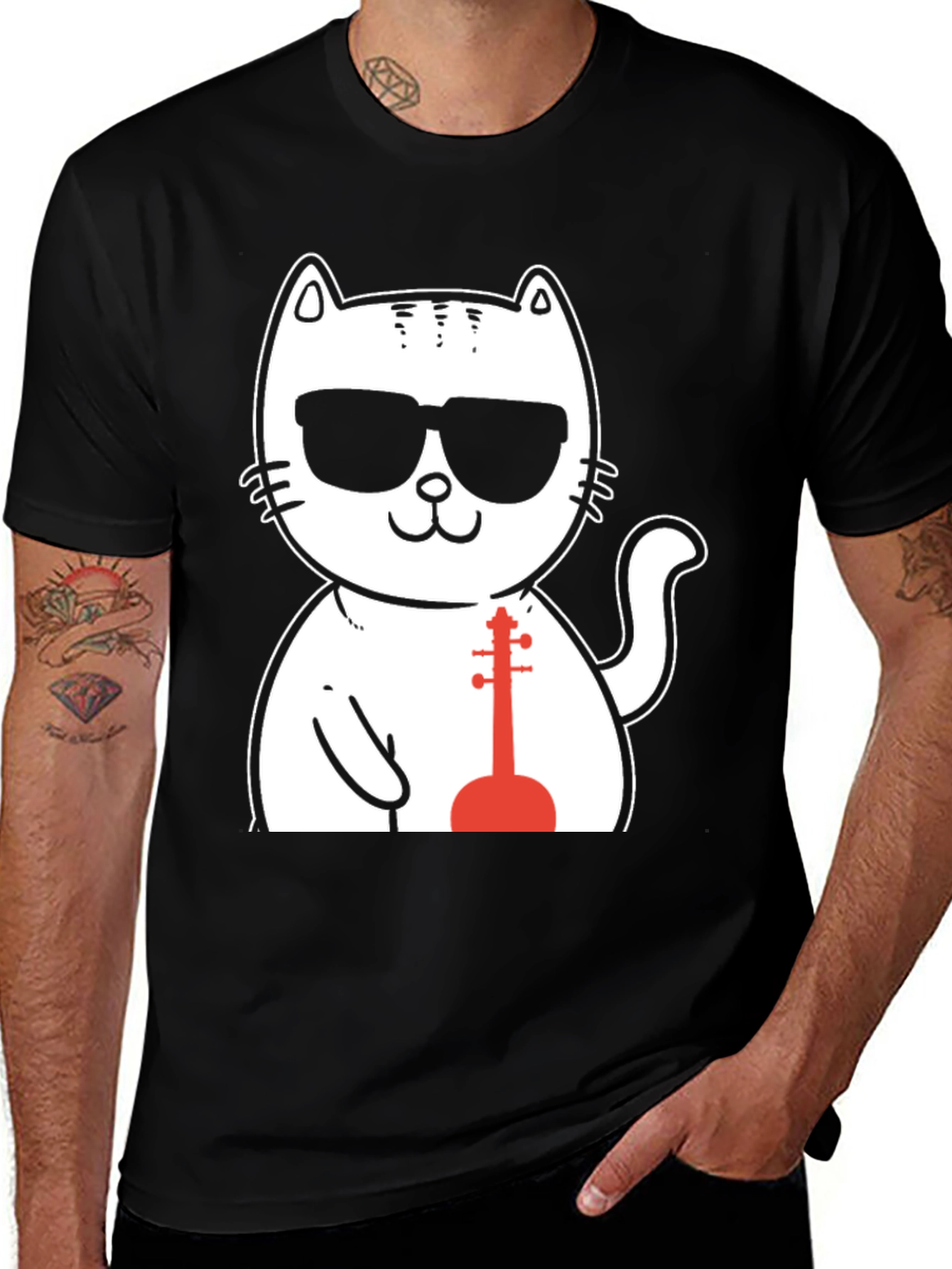 Cool Cat Musician T-Shirt - Black