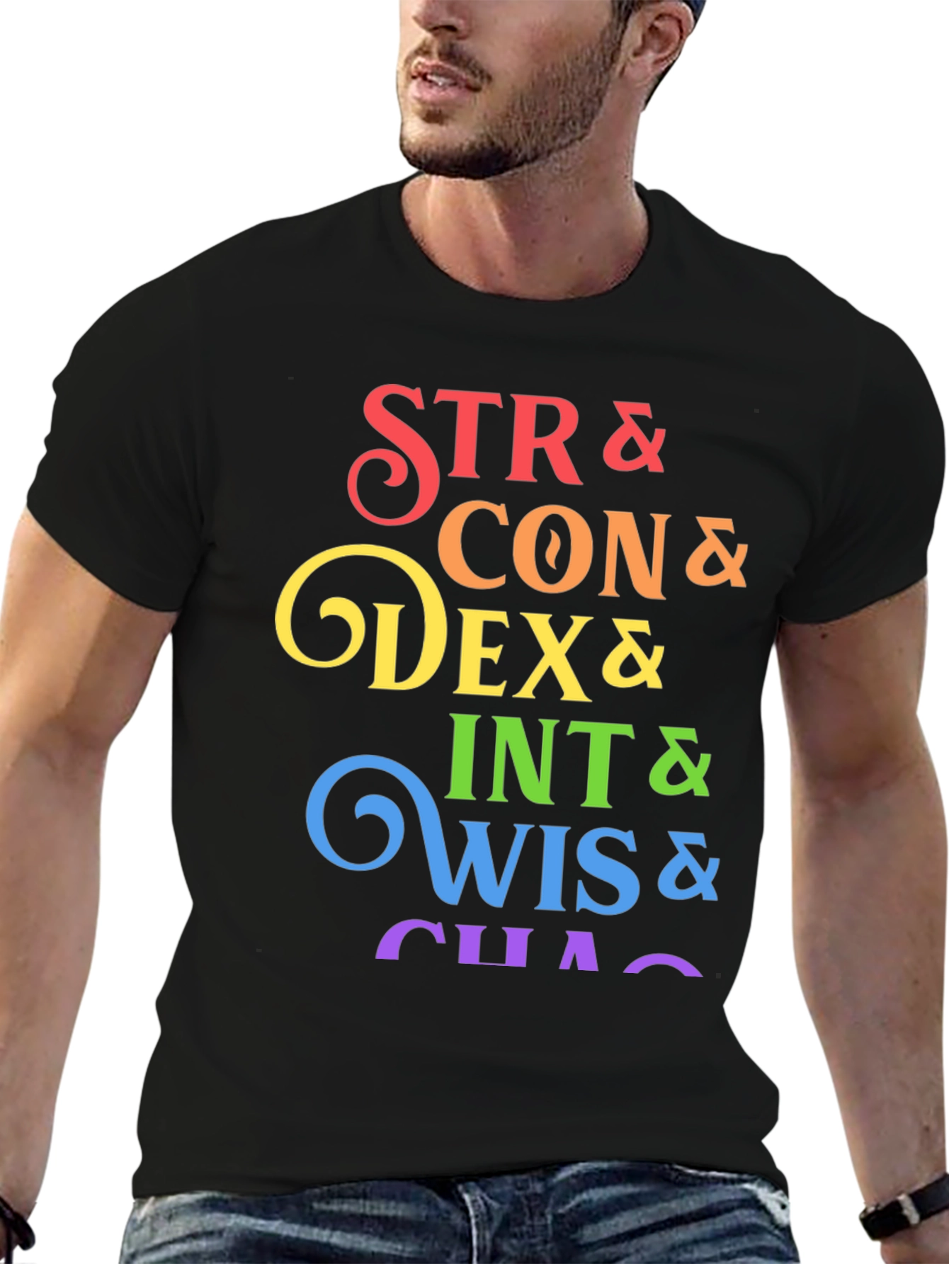 D&D Stats Rainbow Graphic Black T-Shirt