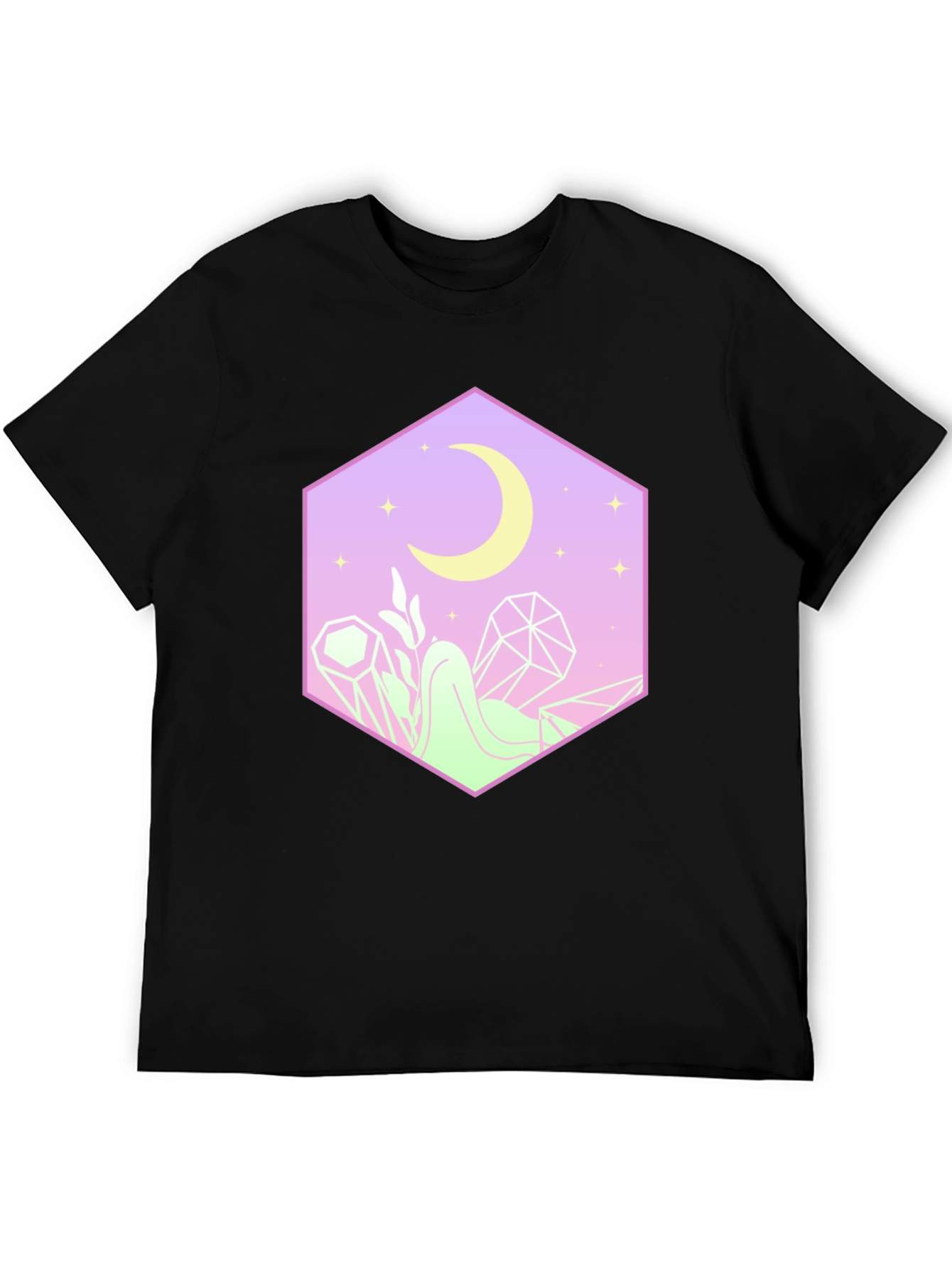 Mystical Moon Hexagon Graphic Tee - Black Cotton Blend