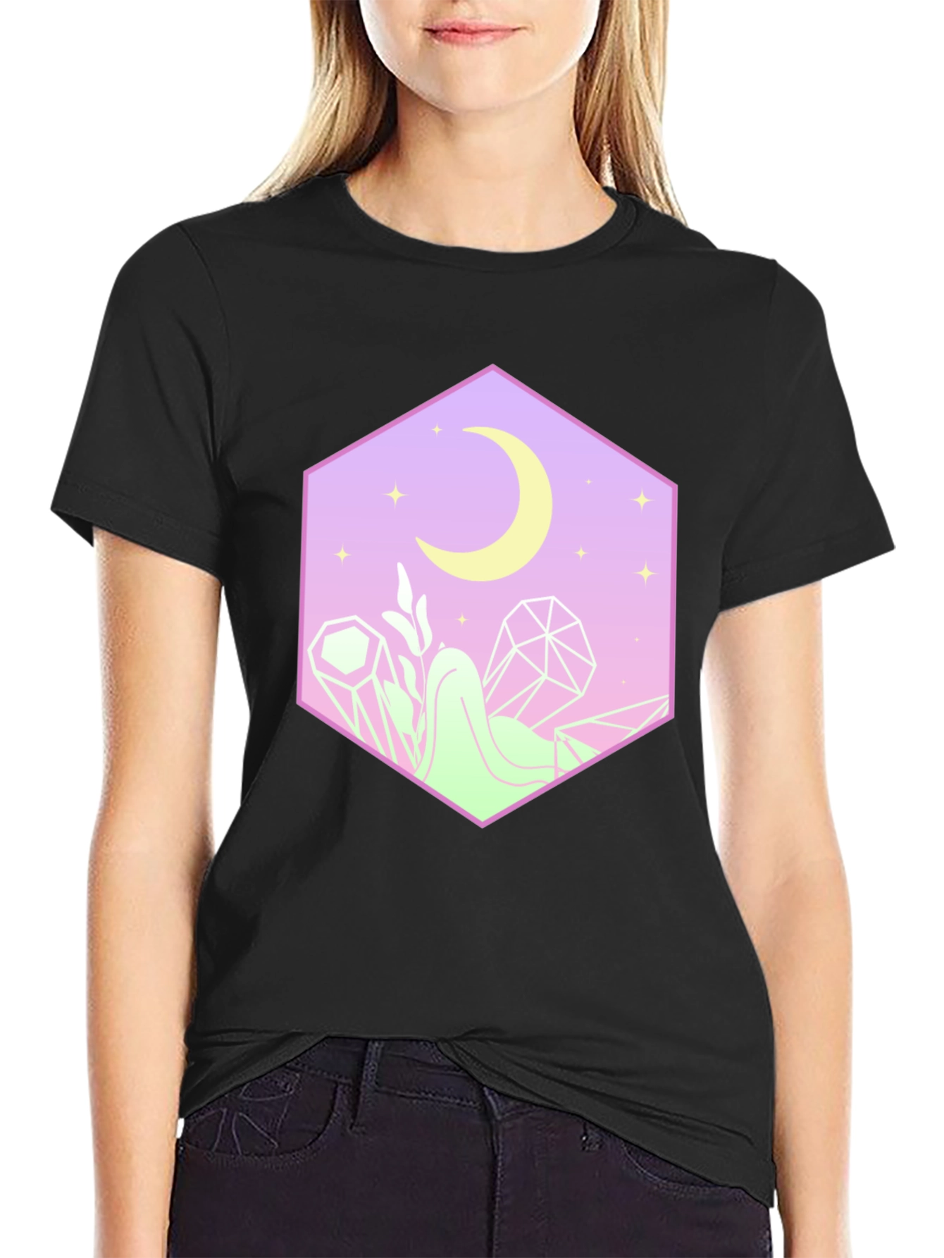 Mystical Moon Hexagon Graphic Tee - Black Cotton Blend