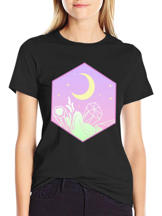 Mystical Moon Hexagon Graphic Tee - Black Cotton Blend