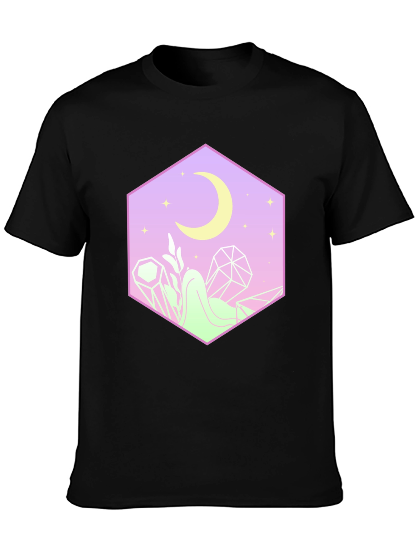 Mystical Moon Hexagon Graphic Tee - Black Cotton Blend