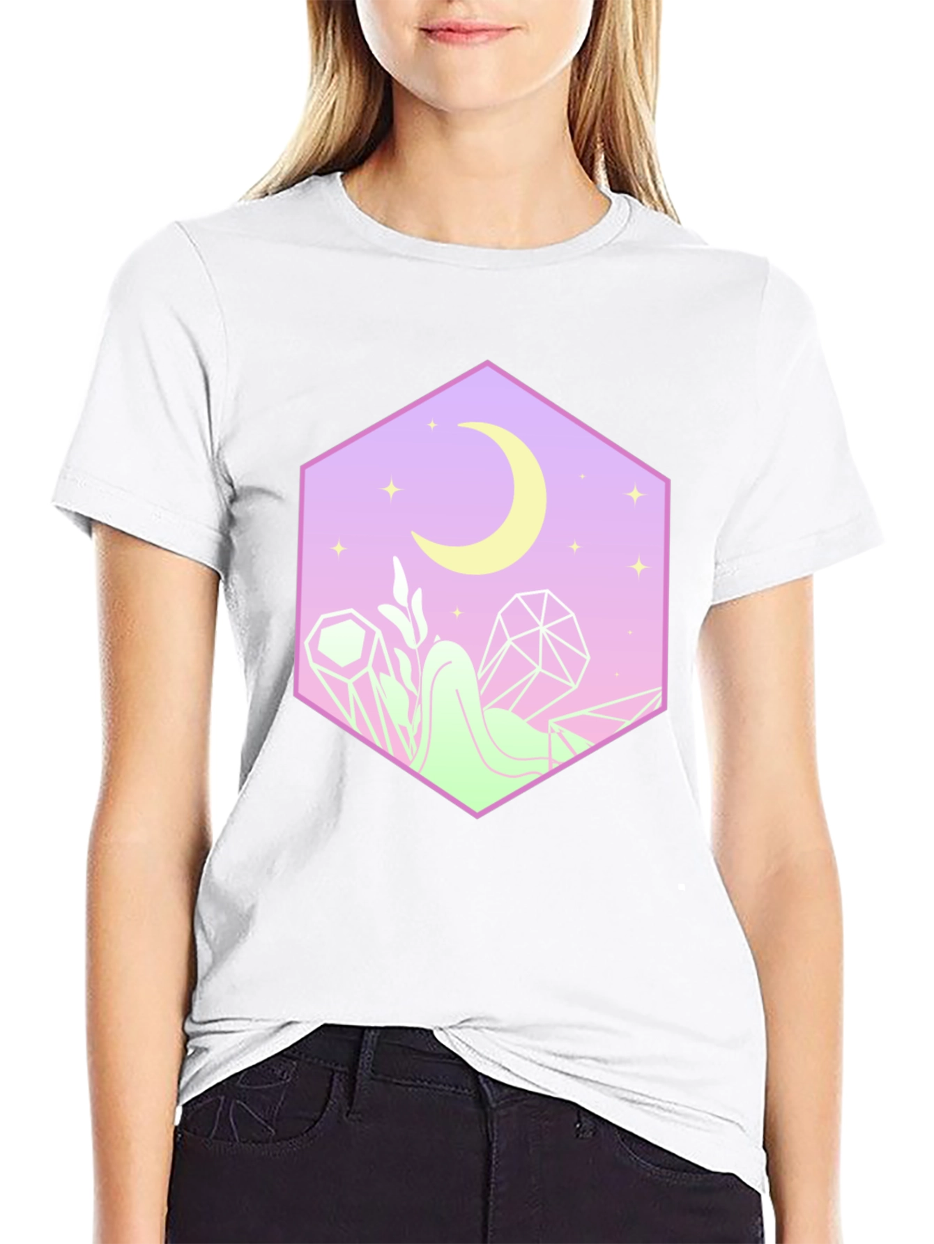 Mystical Moon Hexagon Graphic Tee - Black Cotton Blend