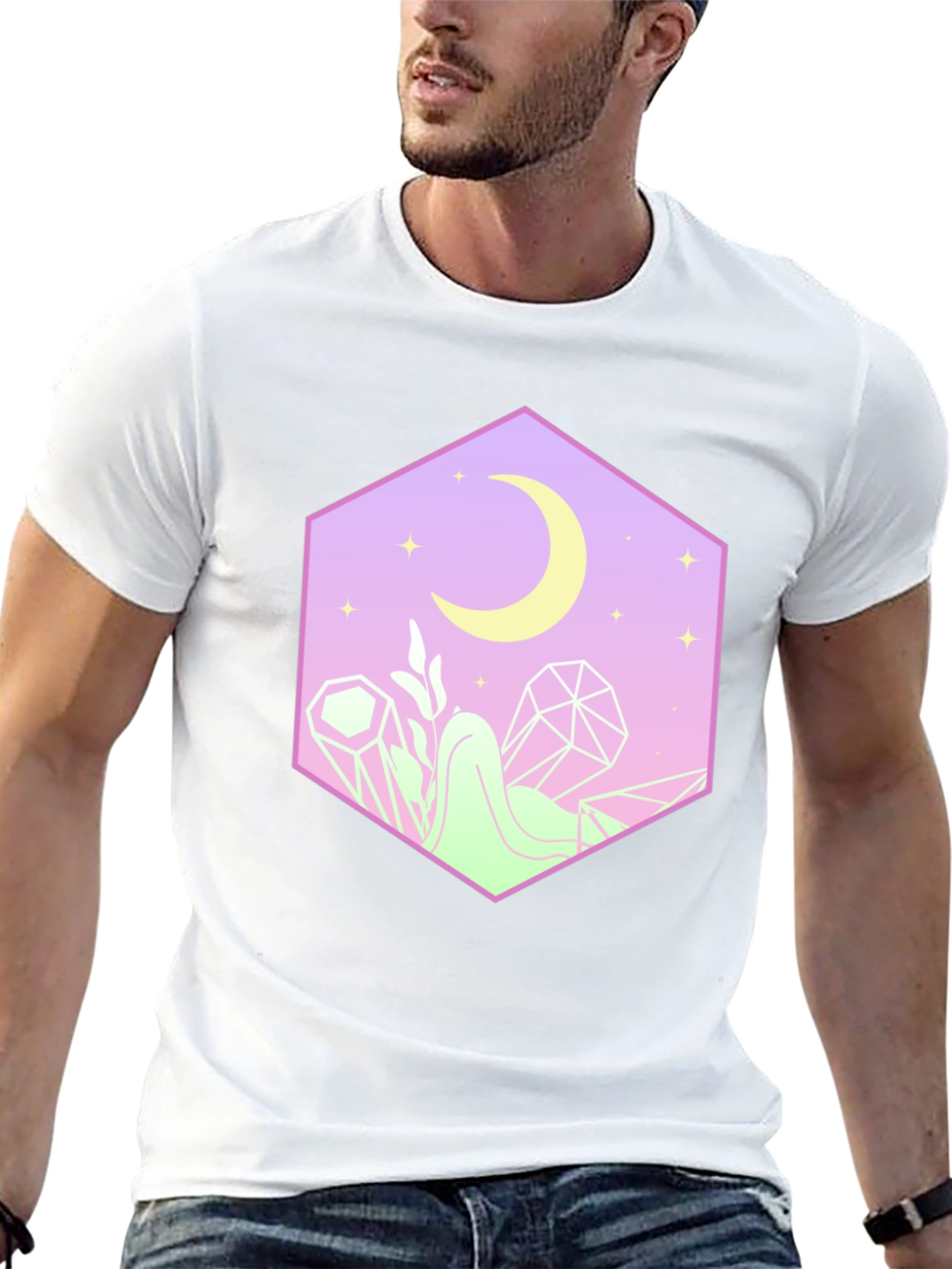 Mystical Moon Hexagon Graphic Tee - Black Cotton Blend