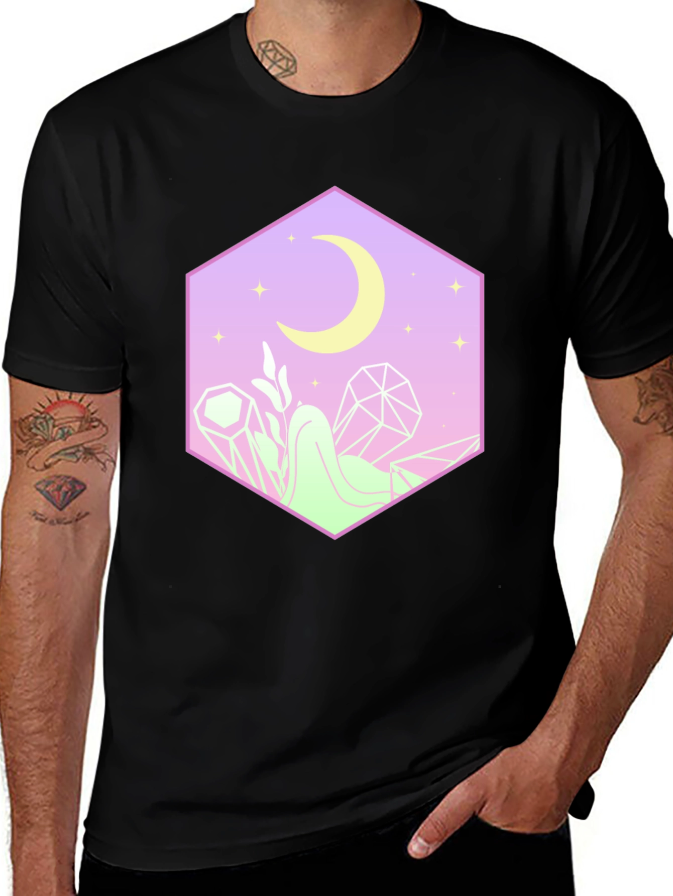 Mystical Moon Hexagon Graphic Tee - Black Cotton Blend