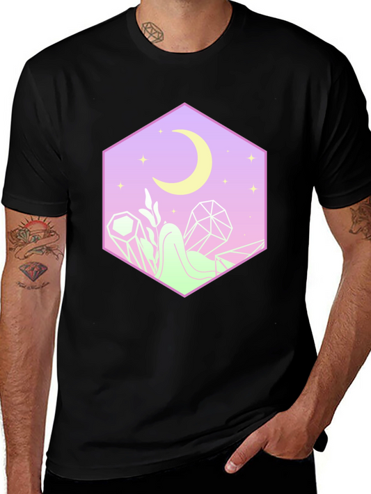 Mystical Moon Hexagon Graphic Tee - Black Cotton Blend