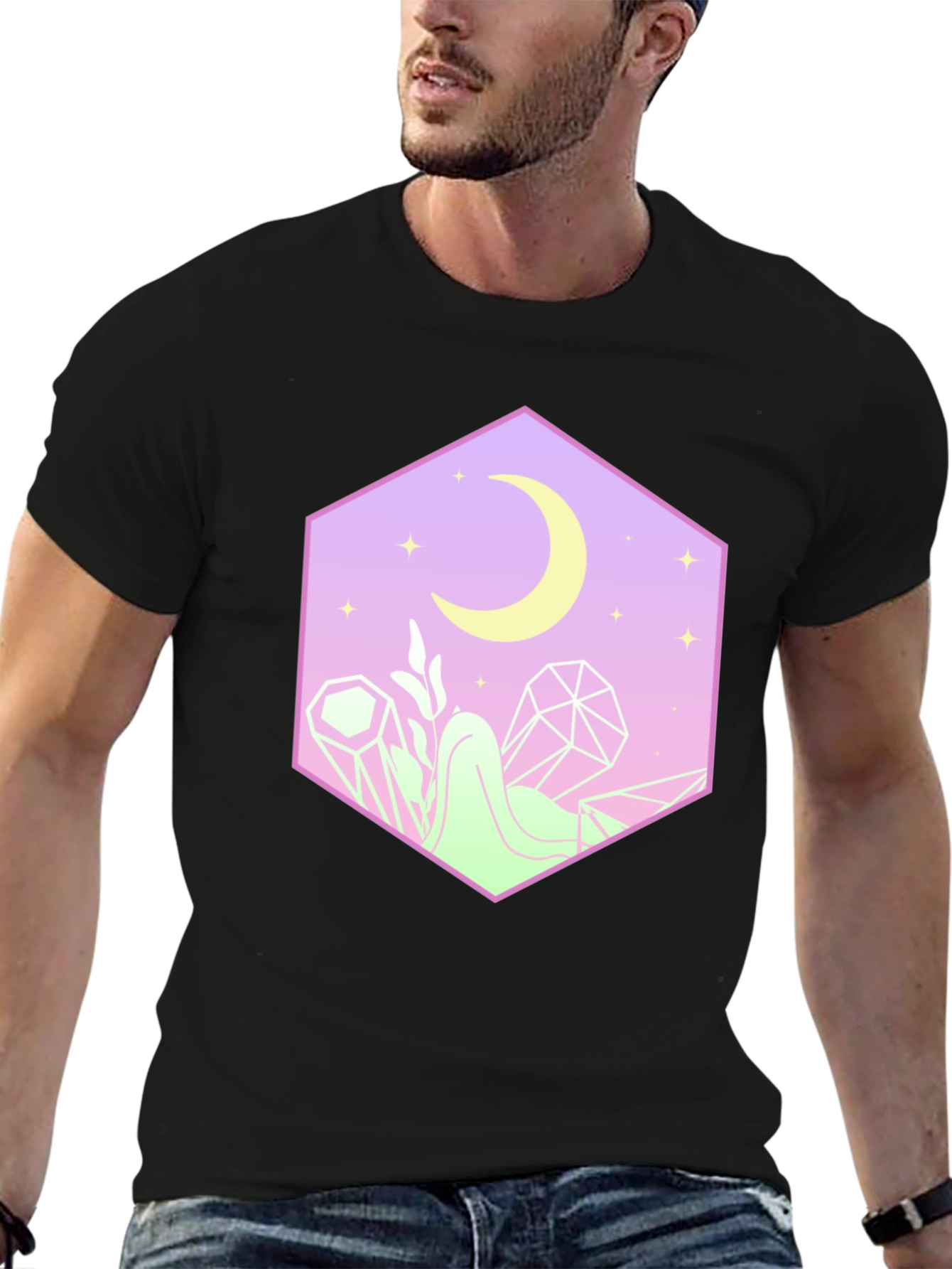 Mystical Moon Hexagon Graphic Tee - Black Cotton Blend
