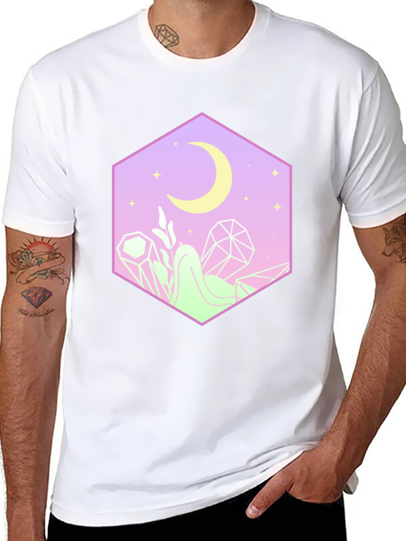 Mystical Moon Hexagon Graphic Tee - Black Cotton Blend