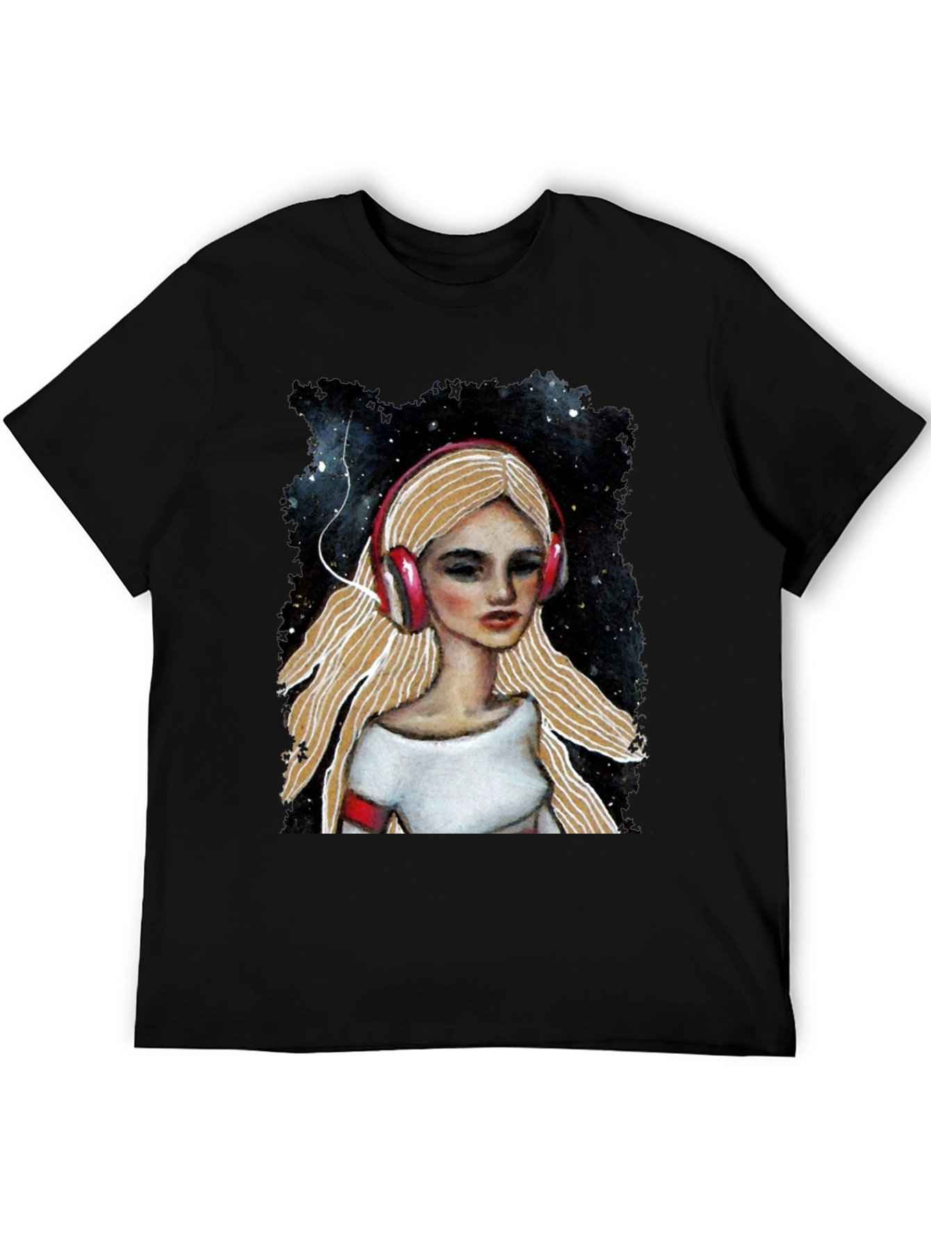 Headphones Girl Black T-Shirt