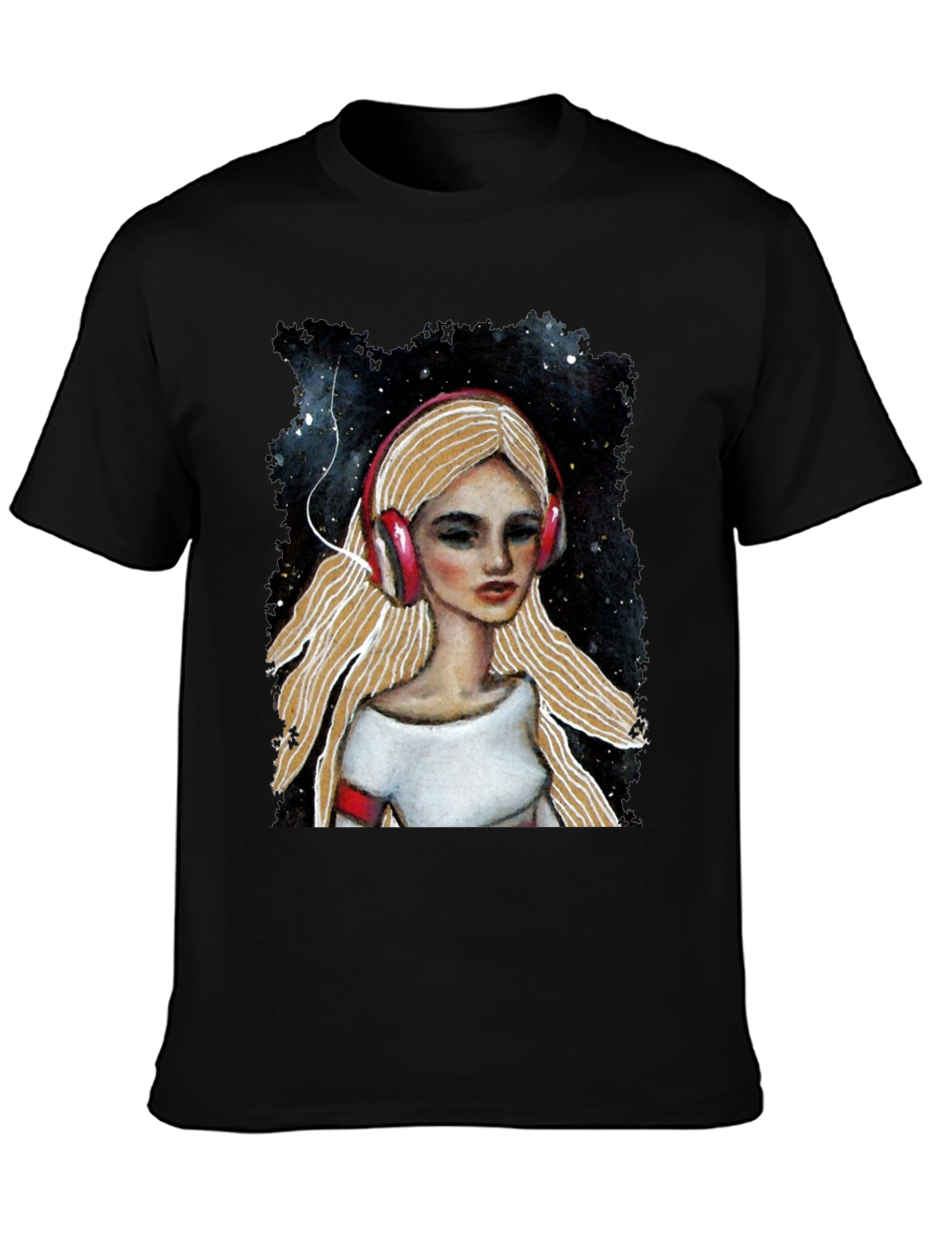 Headphones Girl Black T-Shirt