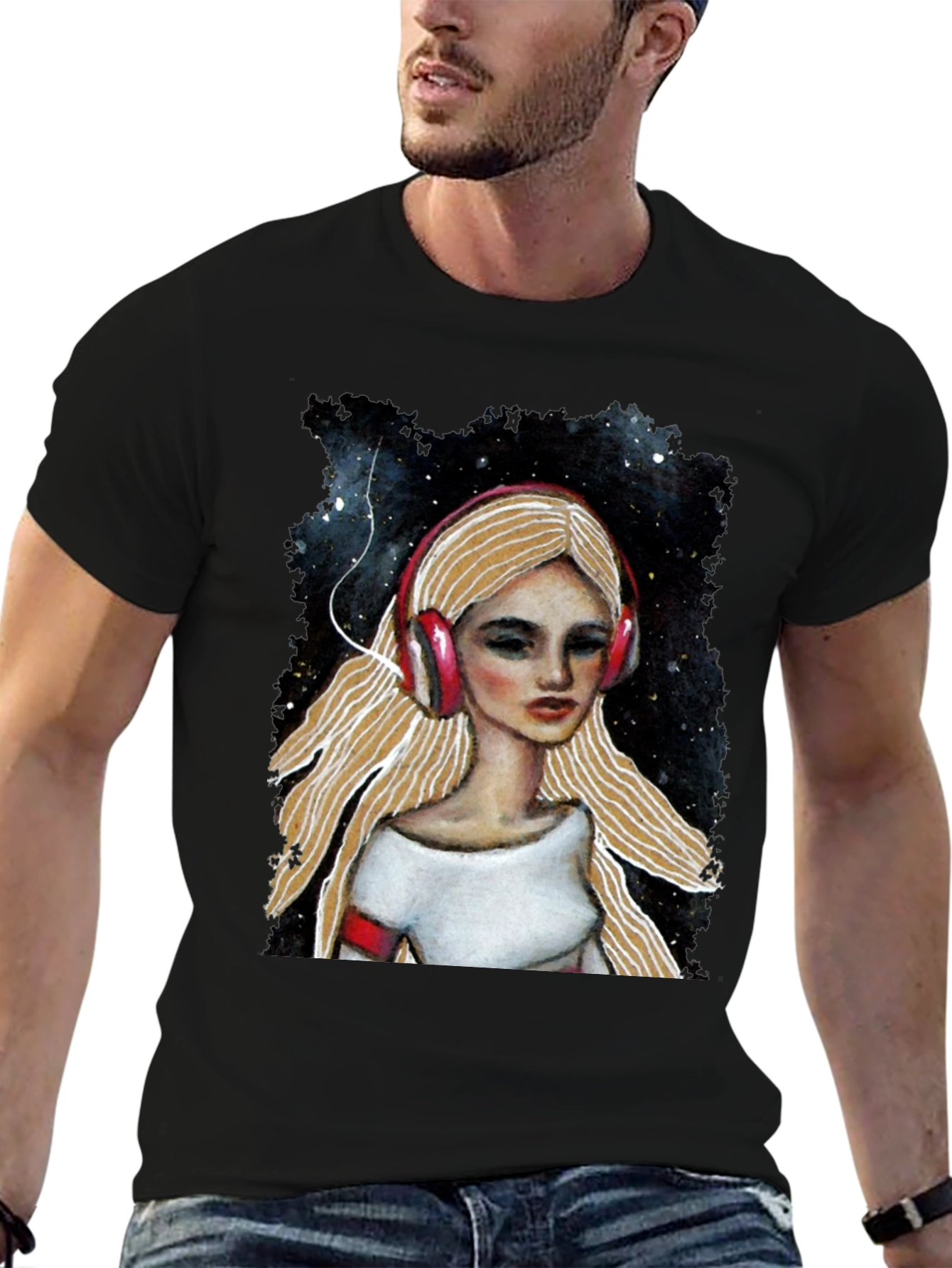 Headphones Girl Black T-Shirt