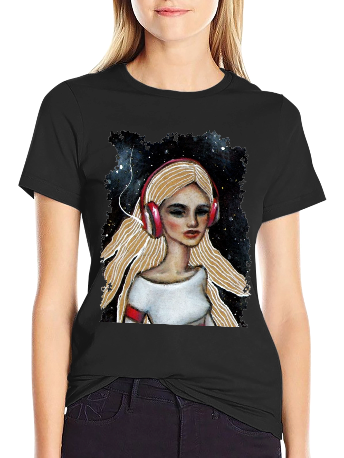 Headphones Girl Black T-Shirt