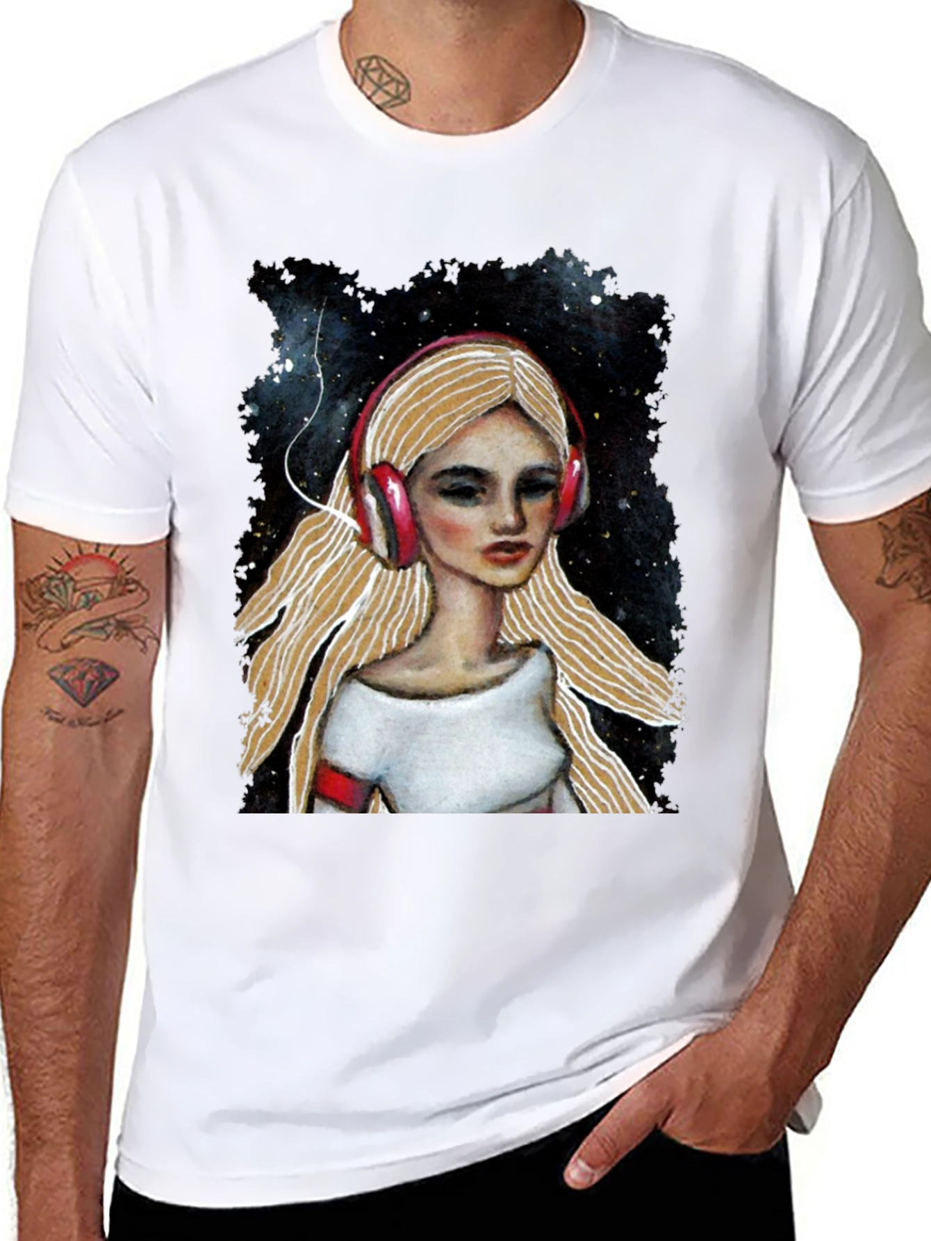 Headphones Girl Black T-Shirt
