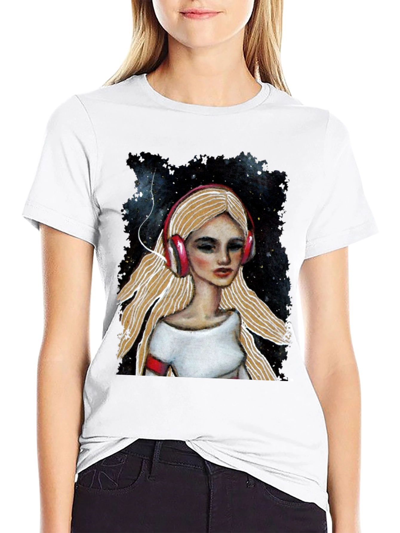 Headphones Girl Black T-Shirt