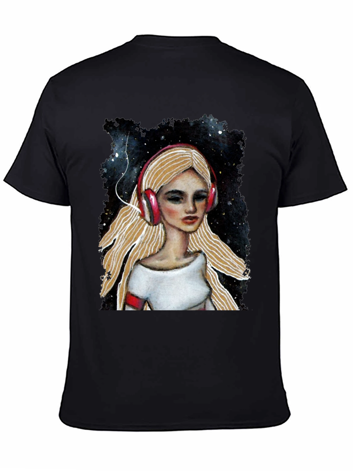 Headphones Girl Black T-Shirt
