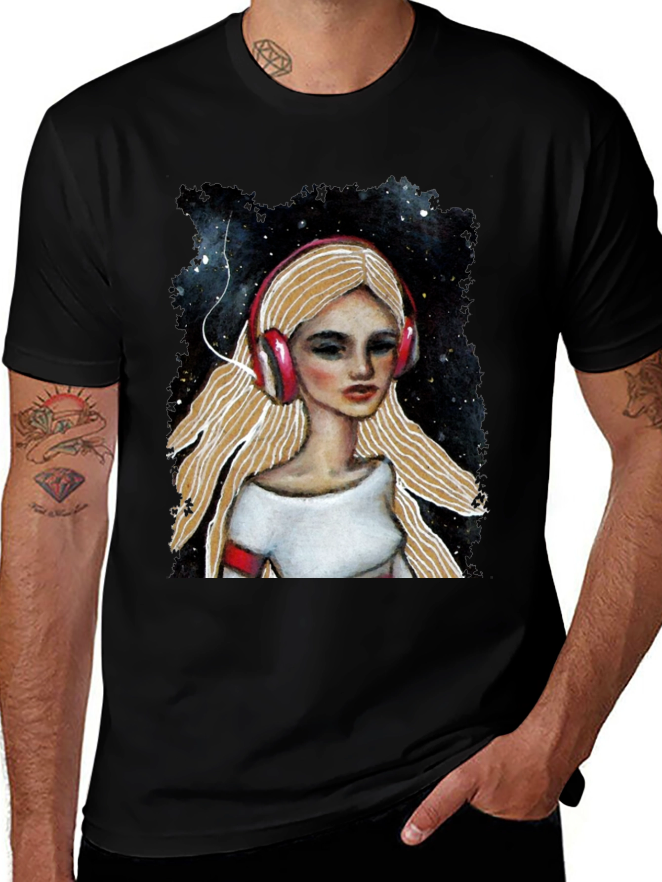 Headphones Girl Black T-Shirt
