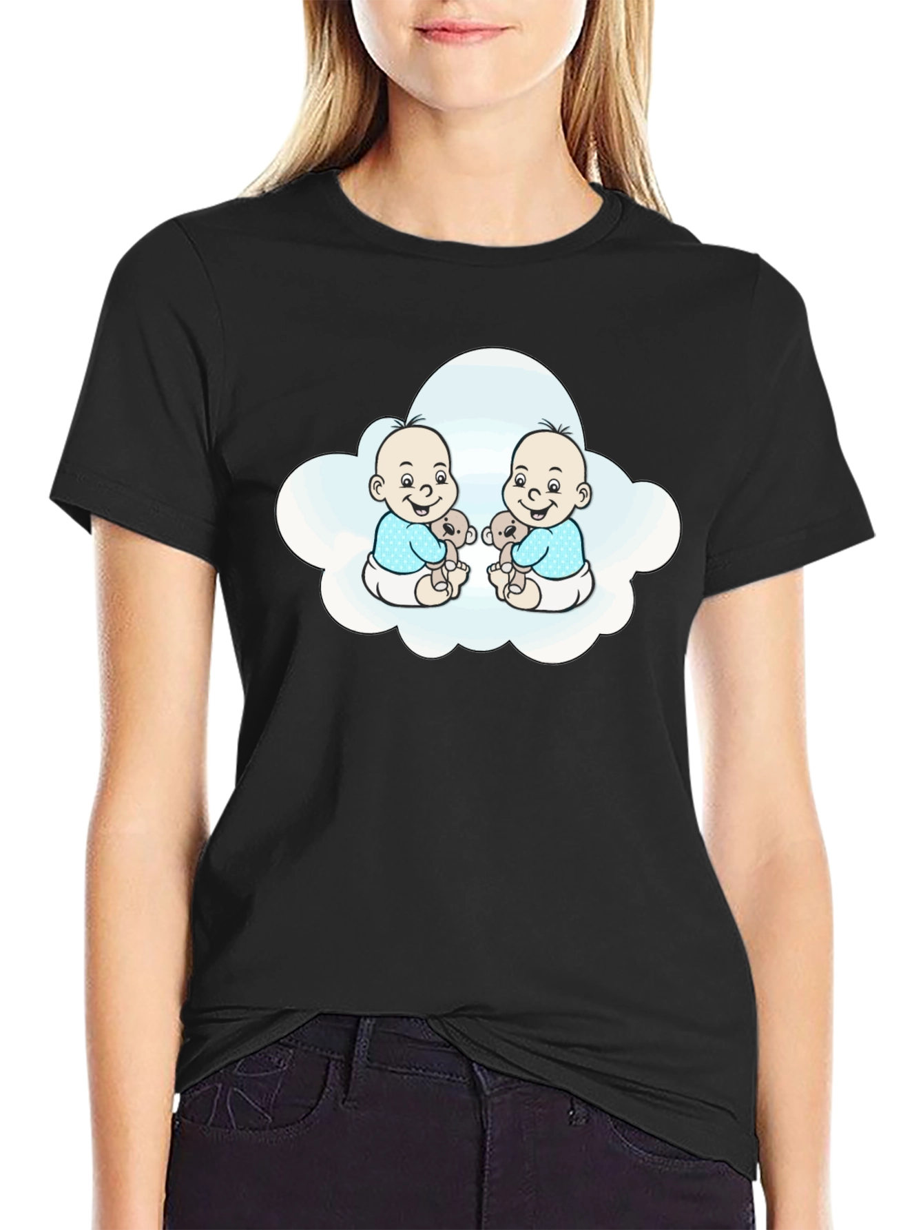 Cute Twin Babies in Cloud Black T-Shirt