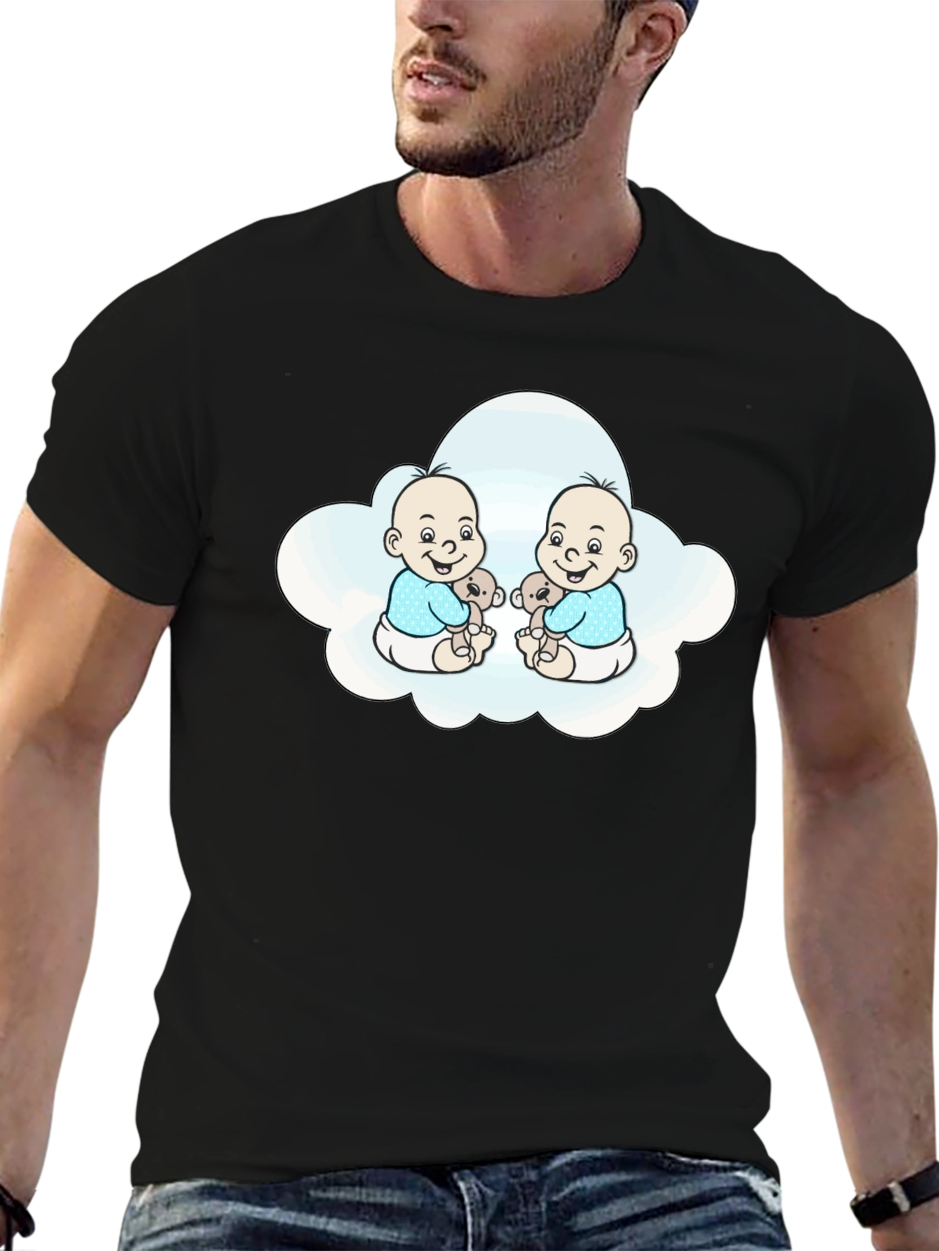 Cute Twin Babies in Cloud Black T-Shirt