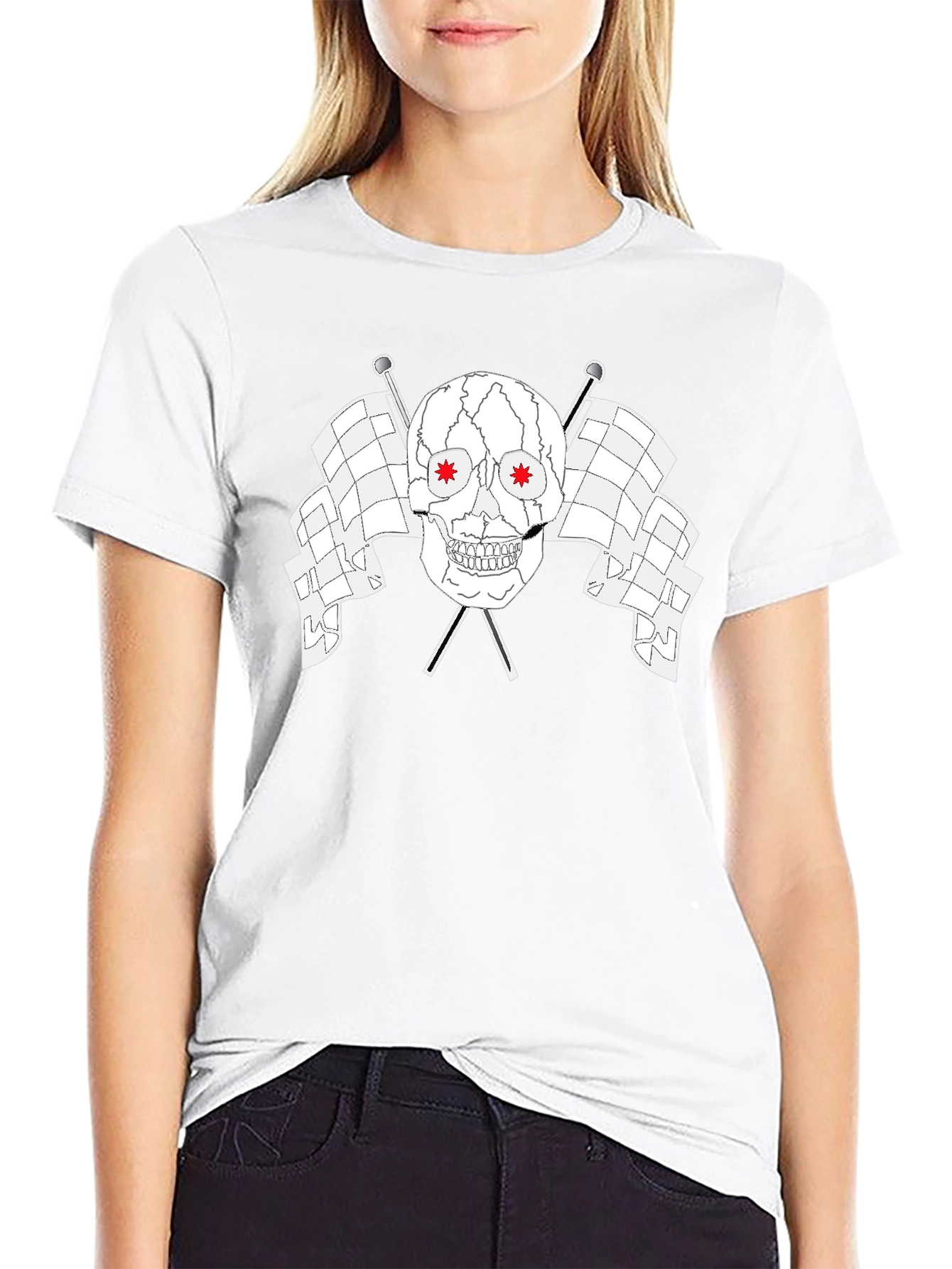 Skull & Checkered Flags Graphic Black T-Shirt