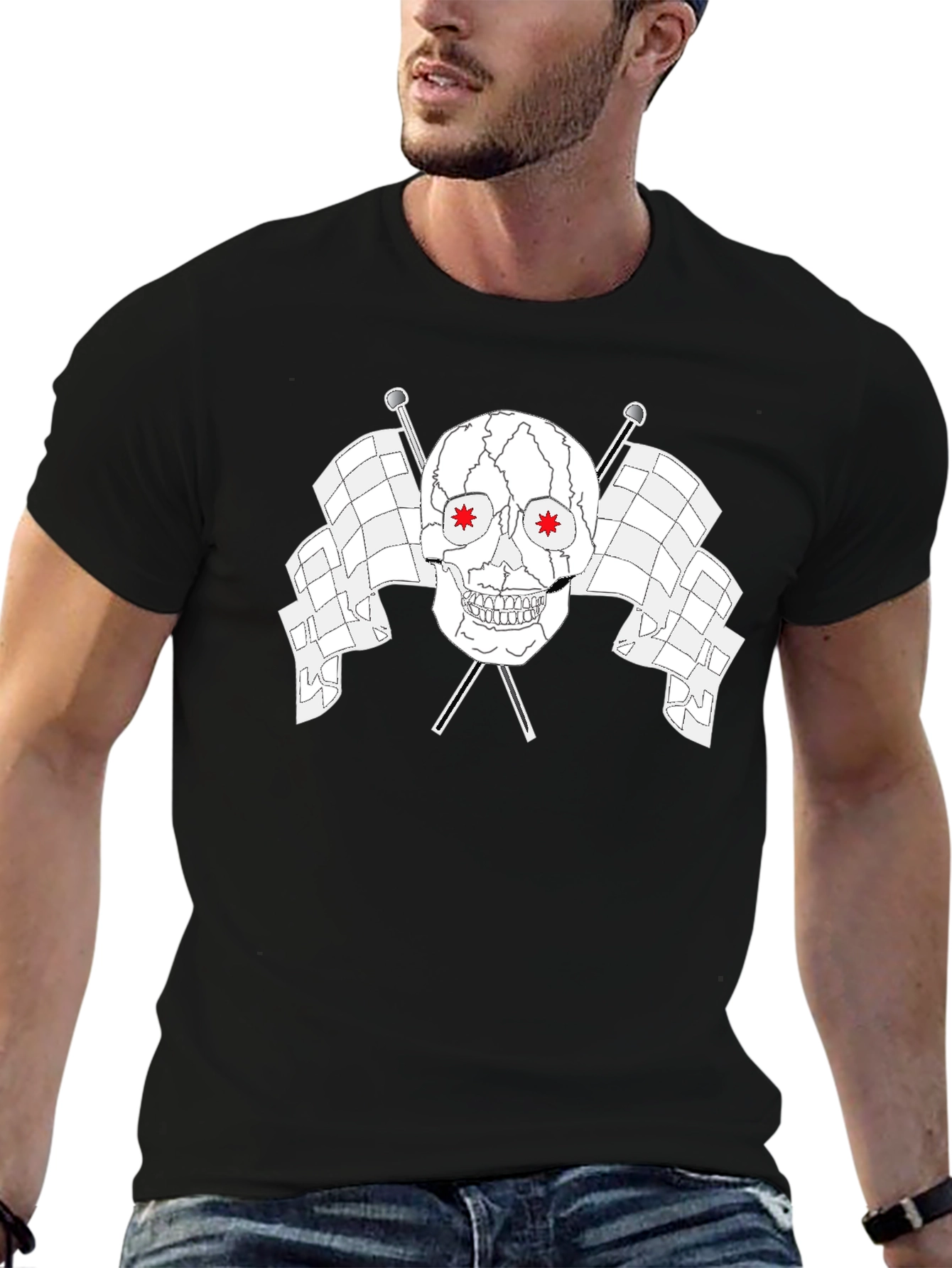 Skull & Checkered Flags Graphic Black T-Shirt
