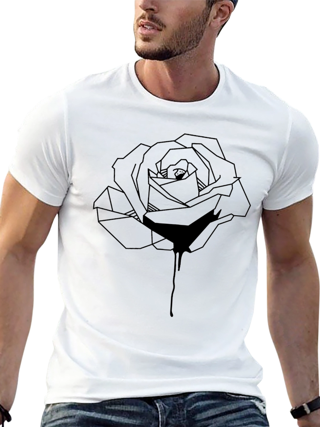Geometric Rose Graphic Tee - Stylish Mens Black T-Shirt